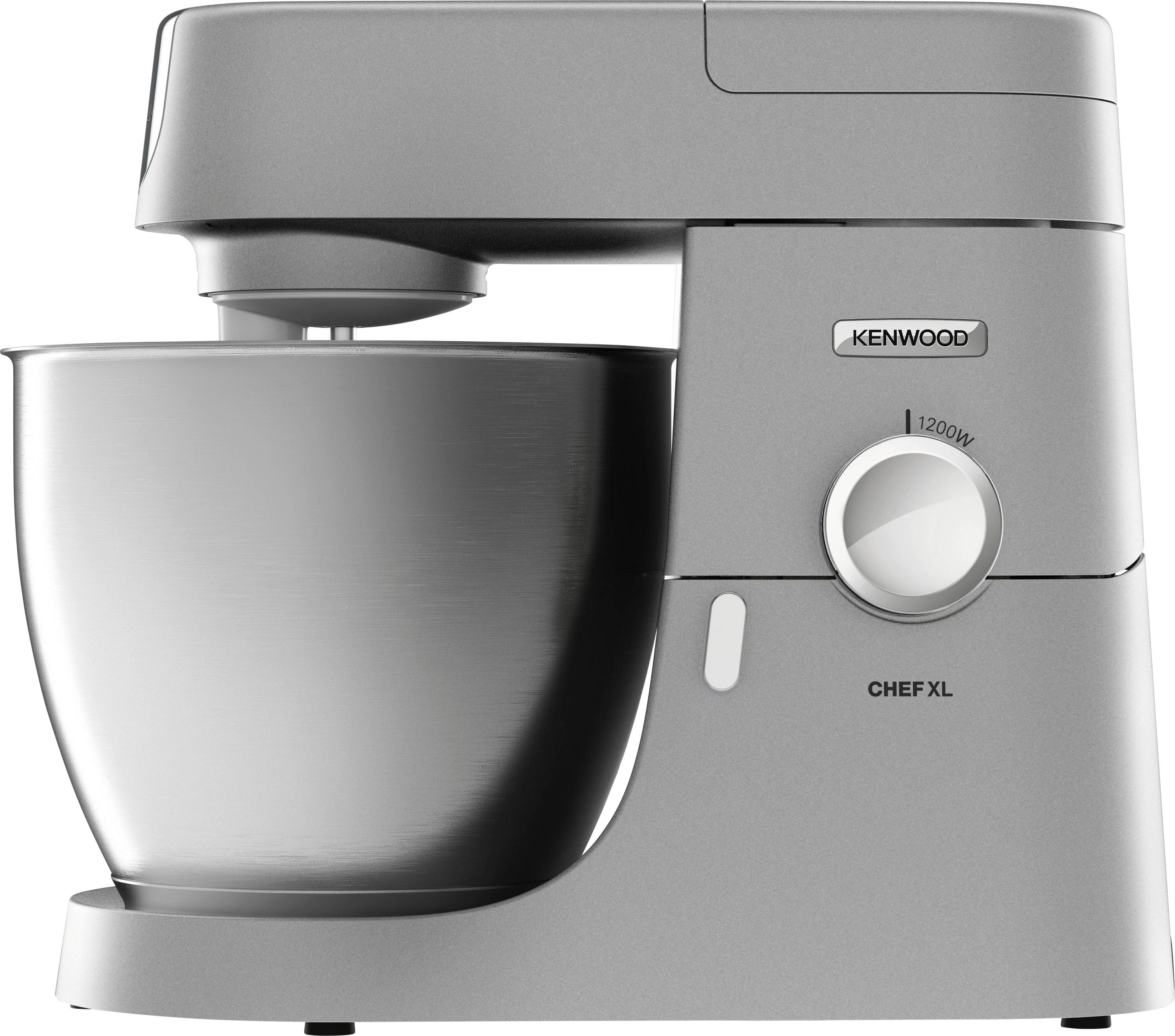 Stříbrný kuchyňský robot značky 'Kenwood Chef XL' s velkou míchací mísou a ovládacím voličem na straně.