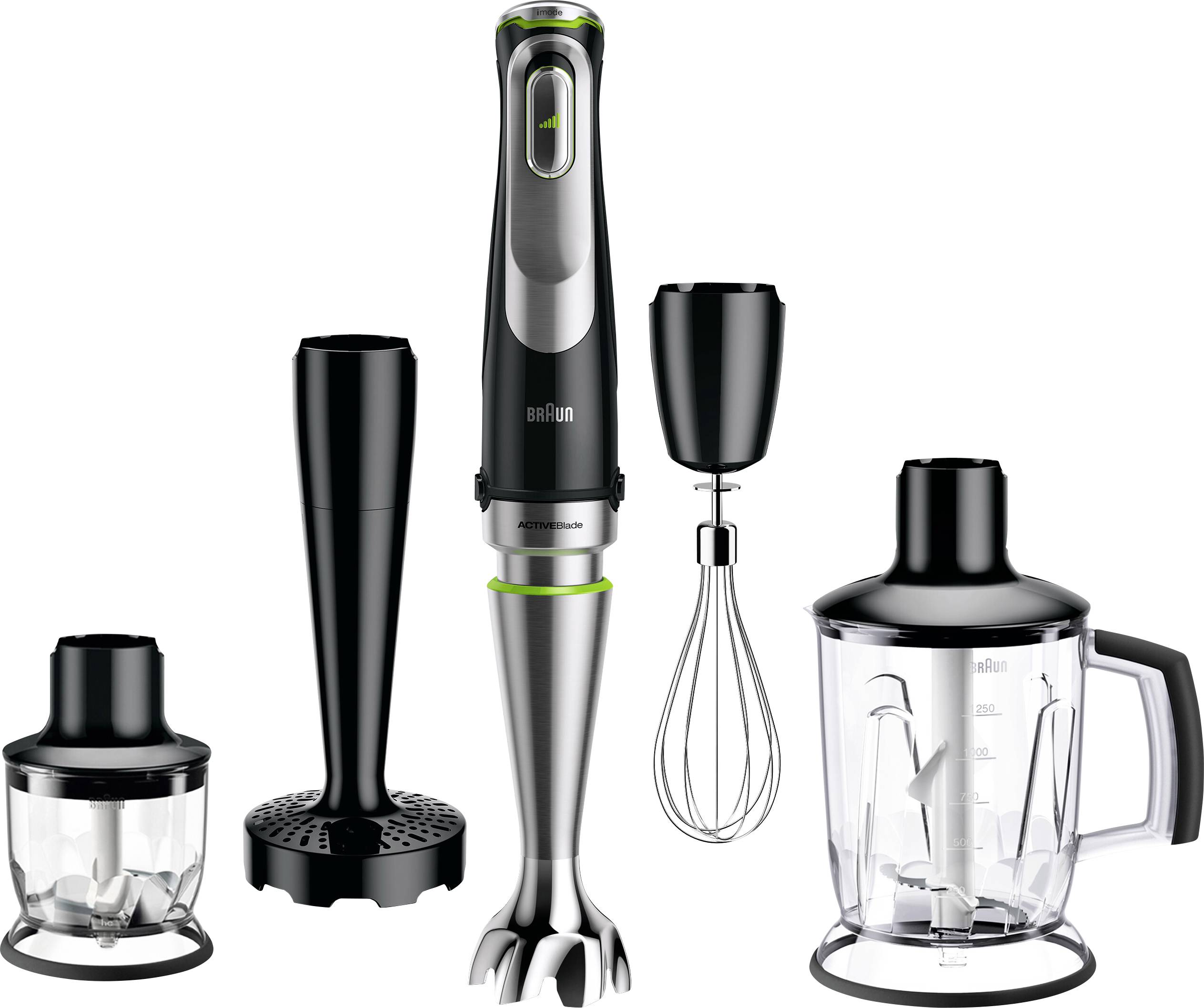 Sada kuchyňských spotřebičů zahrnující ponorný mixér, šlehací nástavec a různé nádoby pro míchání a krájení.