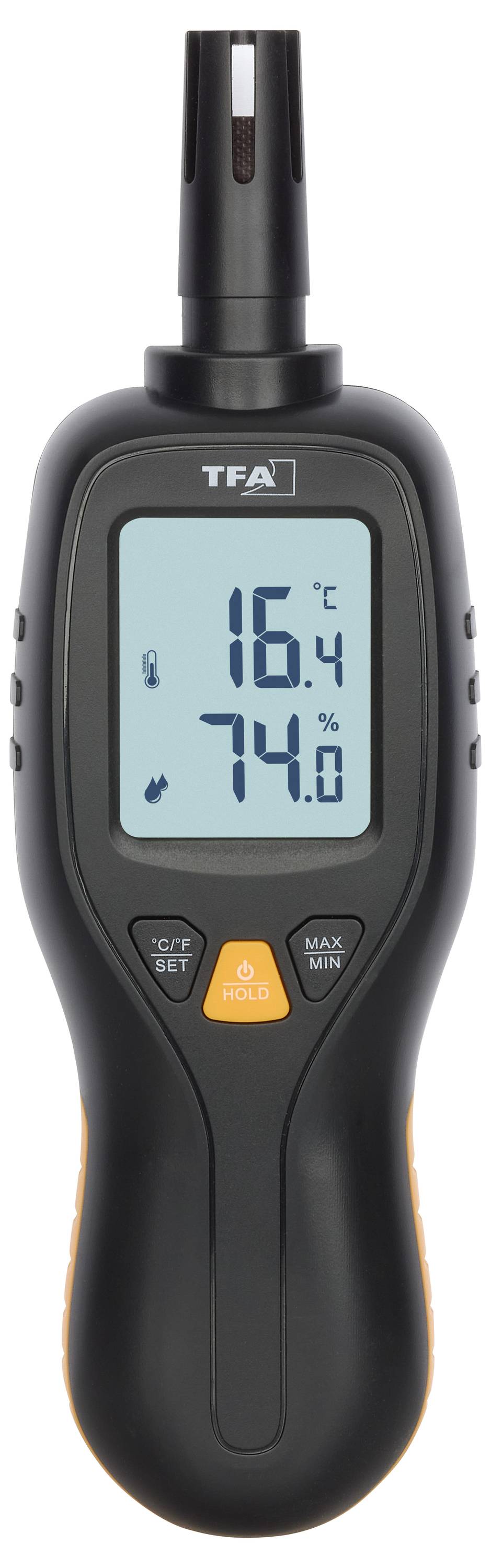 Ruční digitální teploměr a vlhkoměr zobrazující '16,4 °C' a '74 %'.