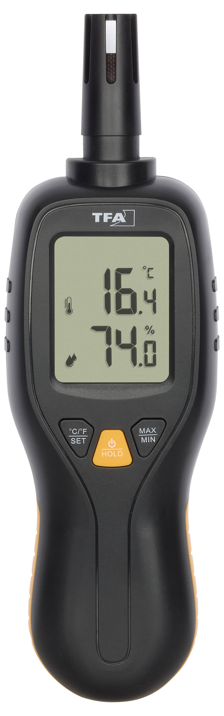 Digitální teploměr-vlhkoměr zobrazující teplotu '16,4 °C' a vlhkost '74 %'.