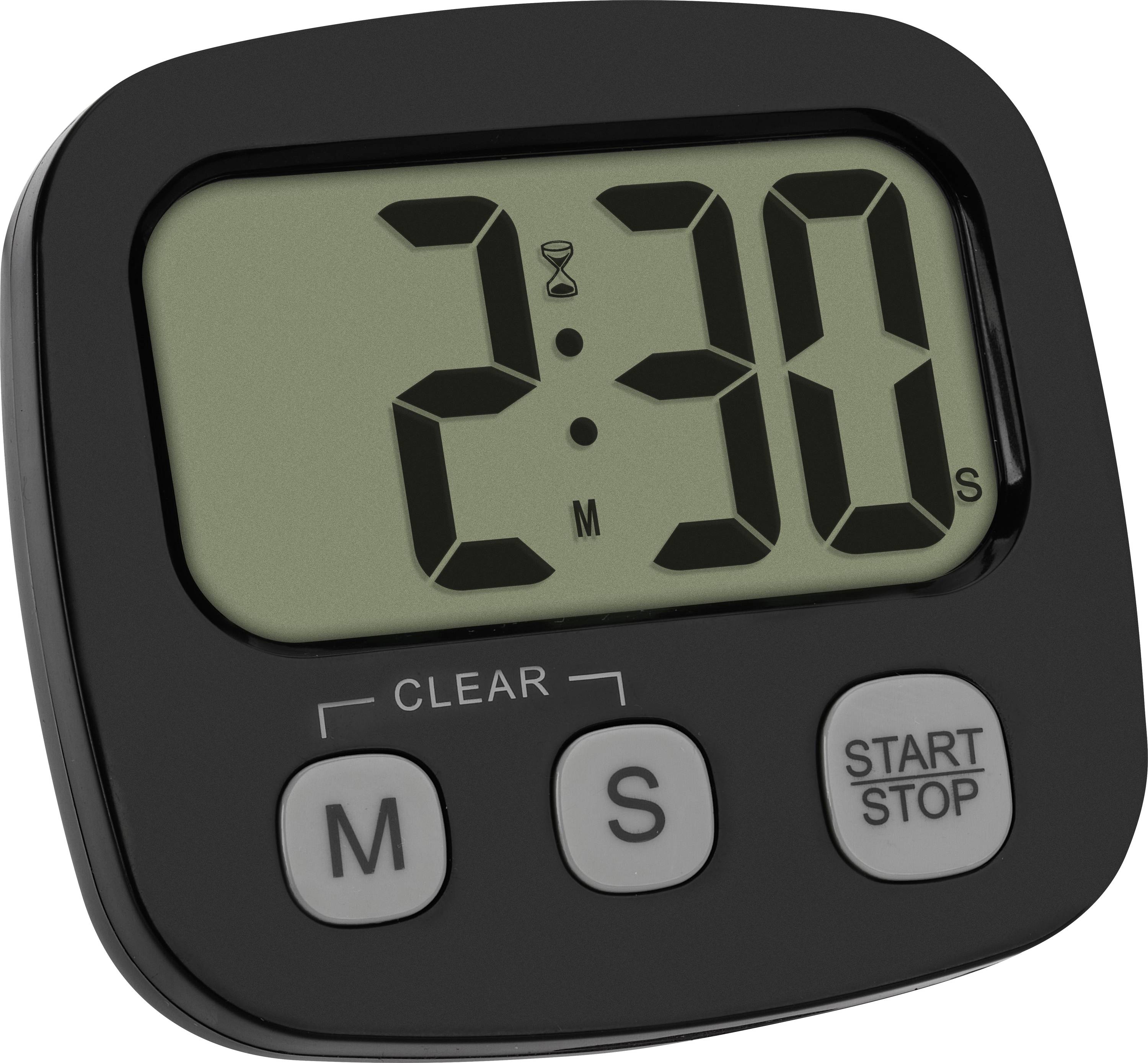 Černý digitální časovač zobrazuje '2:30'. Níže jsou tři tlačítka označená 'M', 'S' a 'Start/Stop', další je označeno 'Clear'.