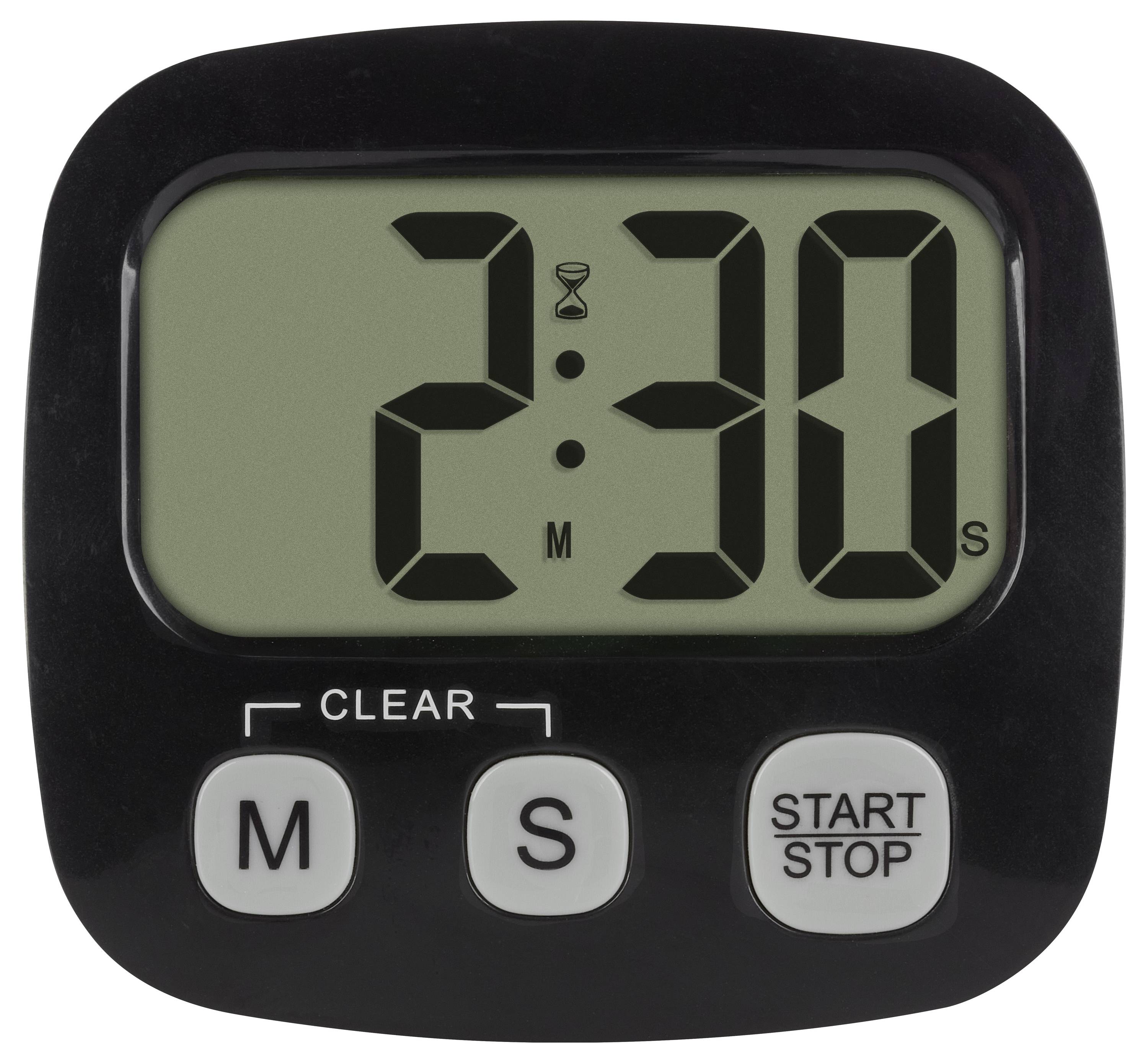 Digitální časovač zobrazující '2:30' s tlačítky označenými 'CLEAR', 'M', 'S' a 'START/STOP'.