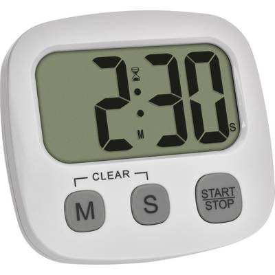 Bílý digitální kuchyňský časovač zobrazuje '2:30'. Níže jsou tři tlačítka označená 'M', 'S' a 'START/STOP'.