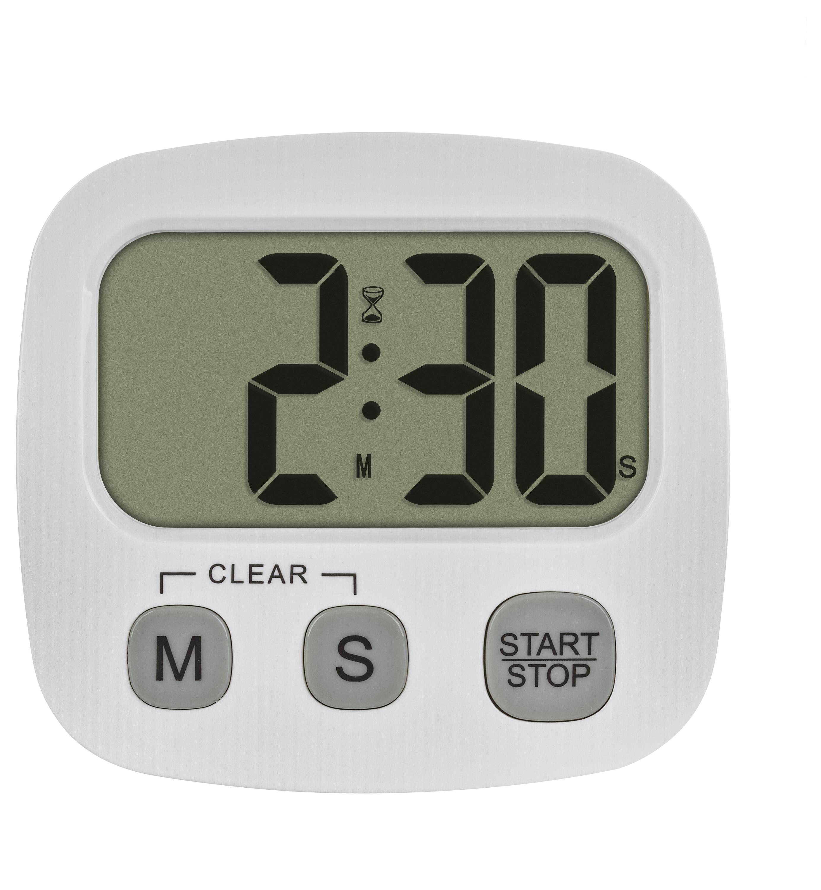 Digitální kuchyňská minutka zobrazující '2:30', s tlačítky označenými 'M', 'S', 'Start/Stop' a 'Clear'.