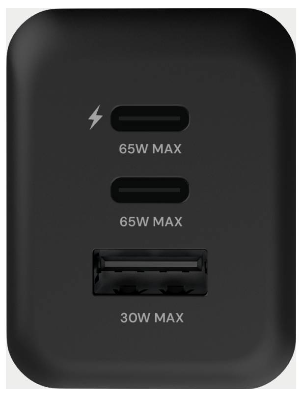 Černý nabíjecí adaptér se dvěma USB-C porty označenými '65W MAX' a jedním USB-A portem označeným '30W MAX', s ikonou blesku.