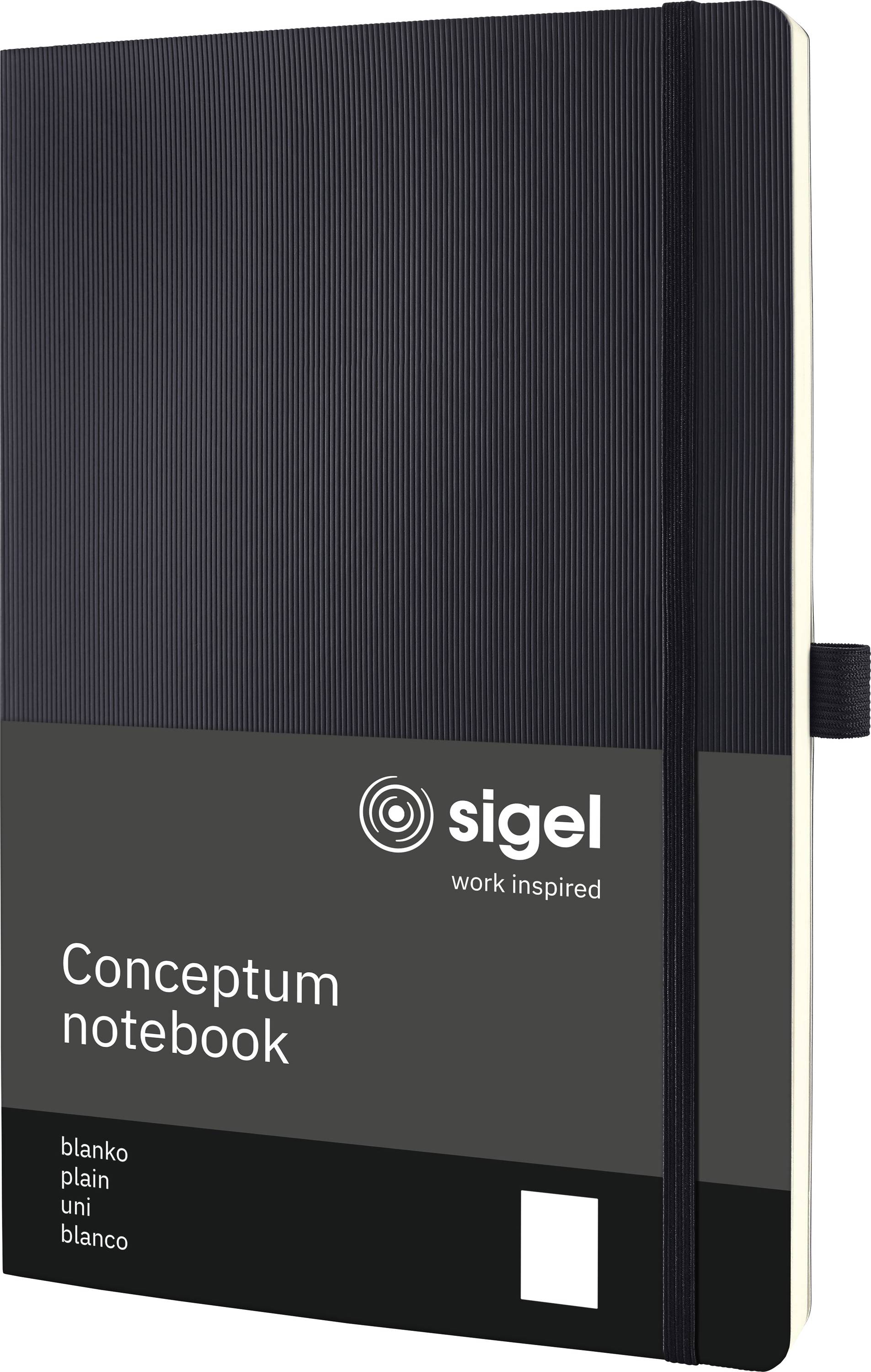 Černý zápisník Sigel Conceptum s elastickou gumkou a textem na obalu: „Conceptum notebook - blanko, plain, uni, blanco".