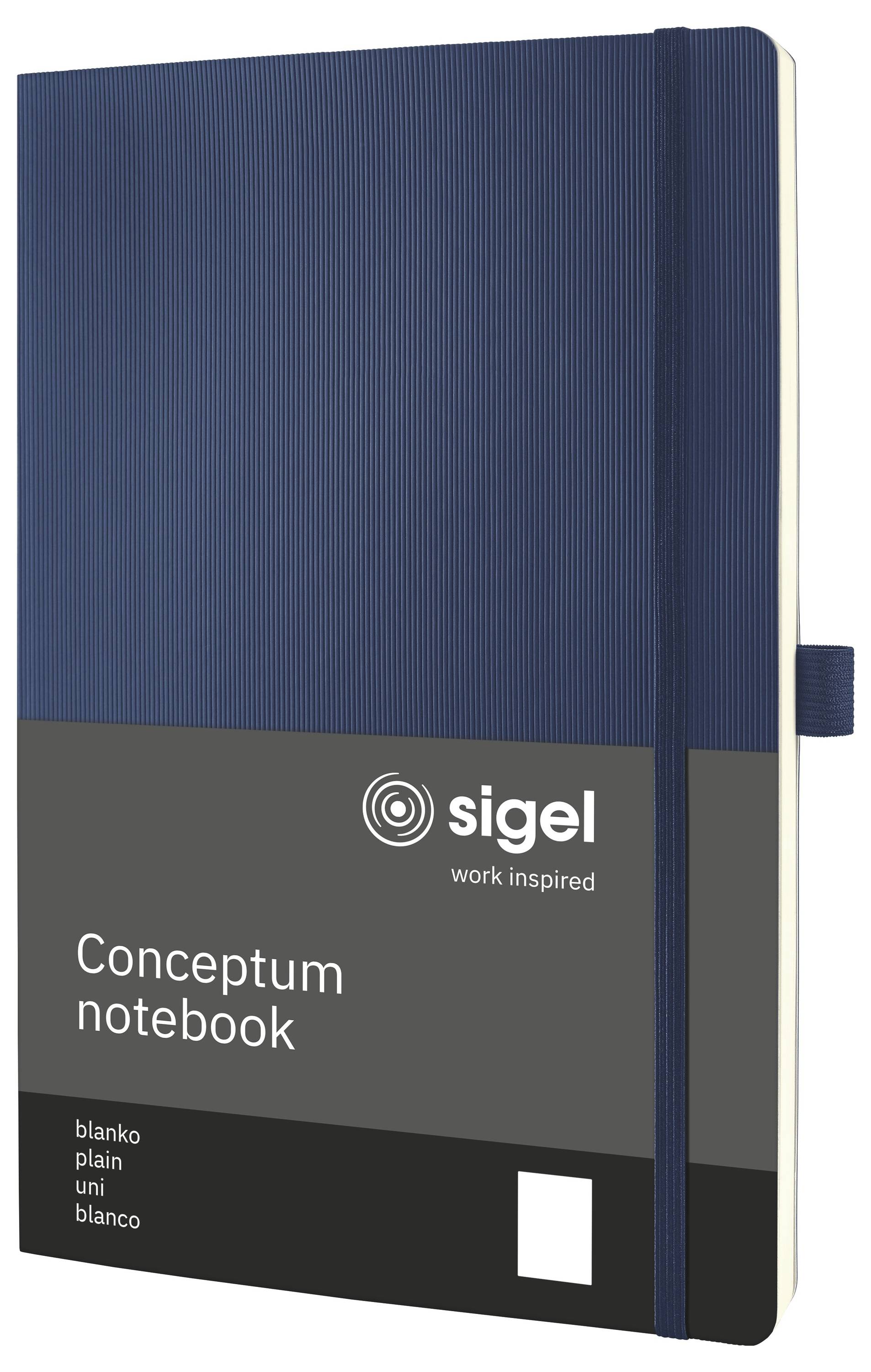 Modrý Sigel 'Conceptum notebook' s páskou záložky a prázdnými hladkými bílými stránkami, zobrazený jako obrázek balení produktu.