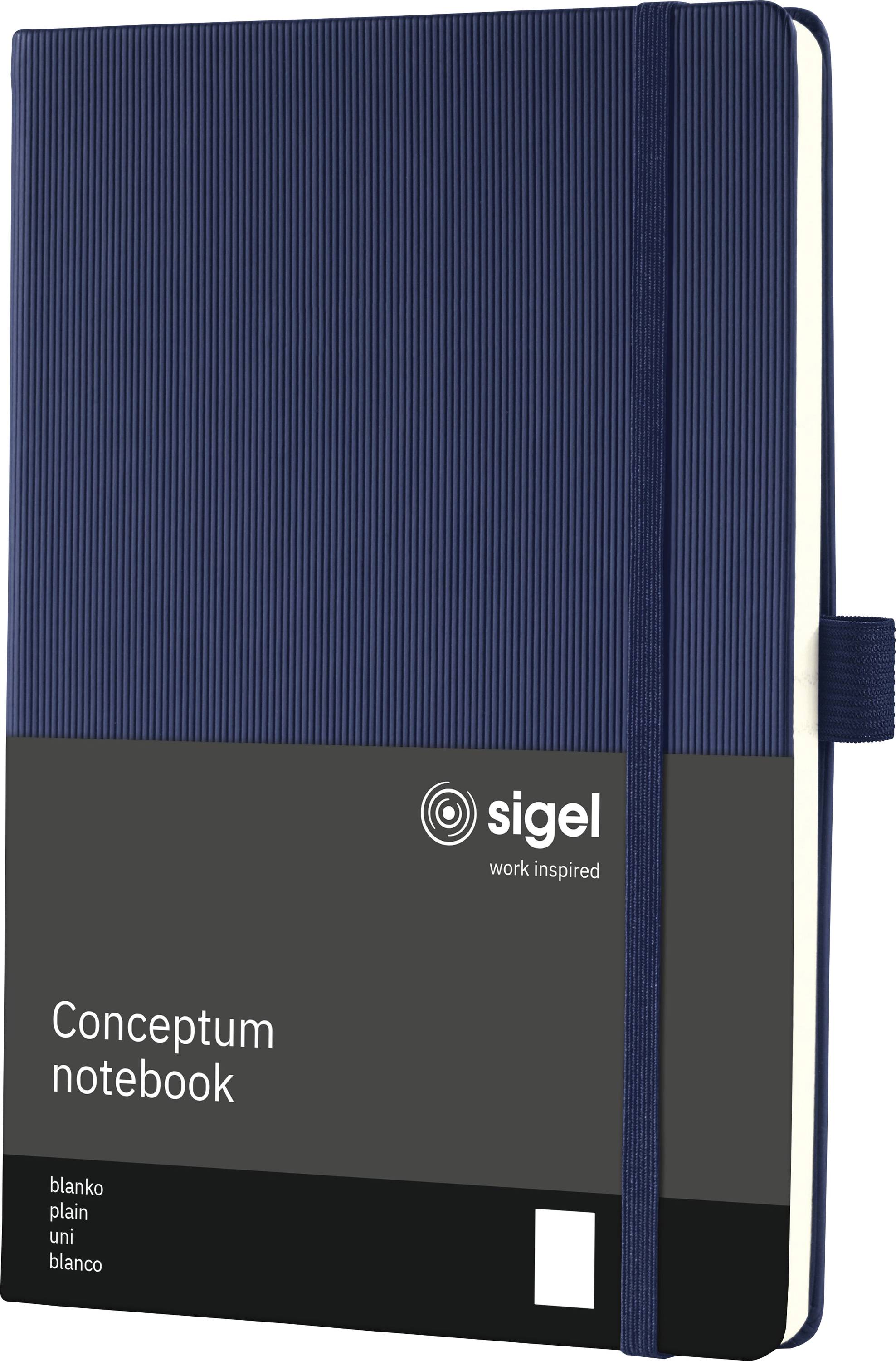Tmavě modrý tvrdý notes s gumičkou a černou etiketou zobrazující značku 'Sigel' a slova 'Conceptum notes'.