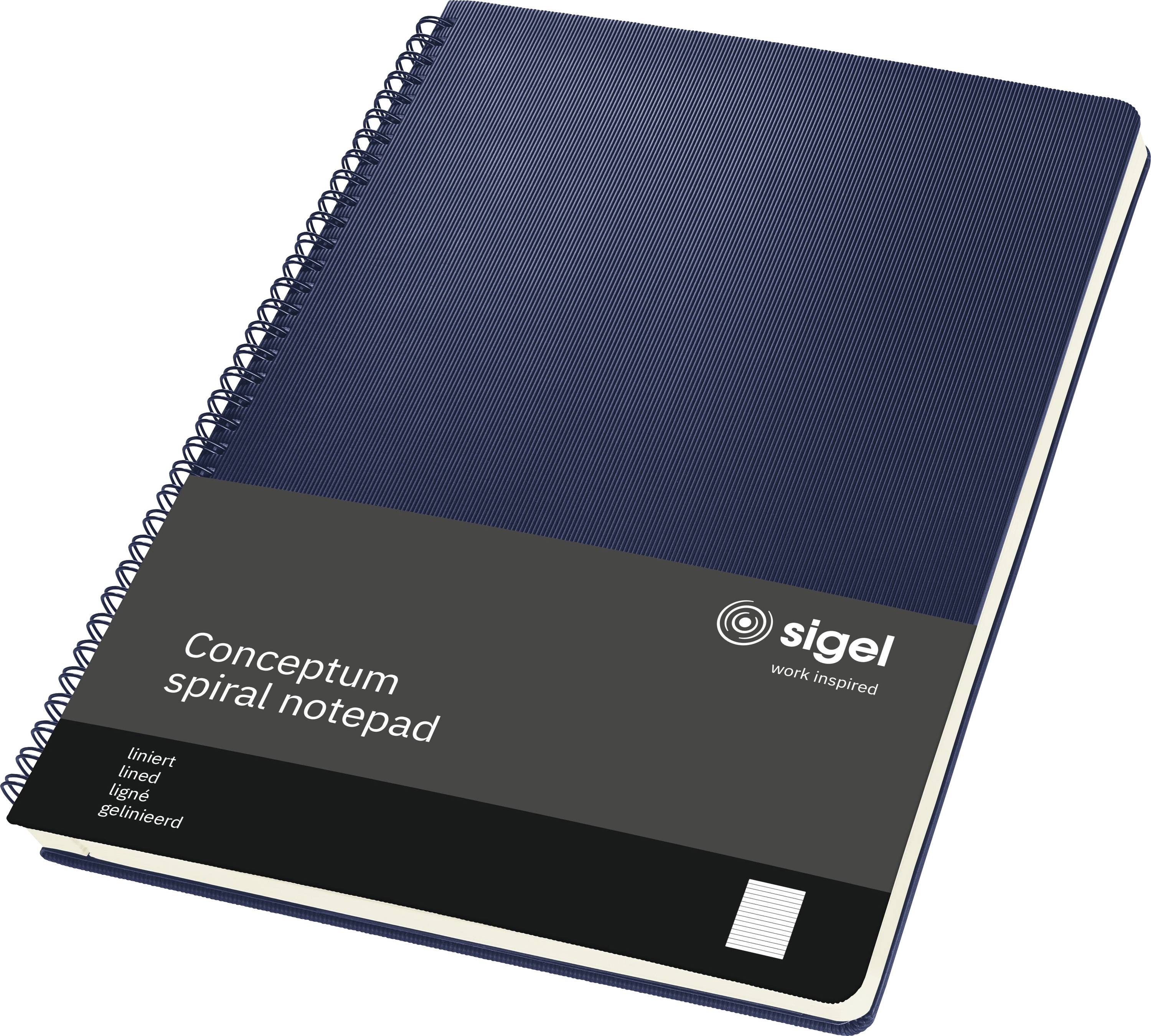 Modrý kroužkový zápisník s nápisem "Conceptum spiral notepad" a logem "sigel" na obálce, který je linkovaný pro psaní poznámek.