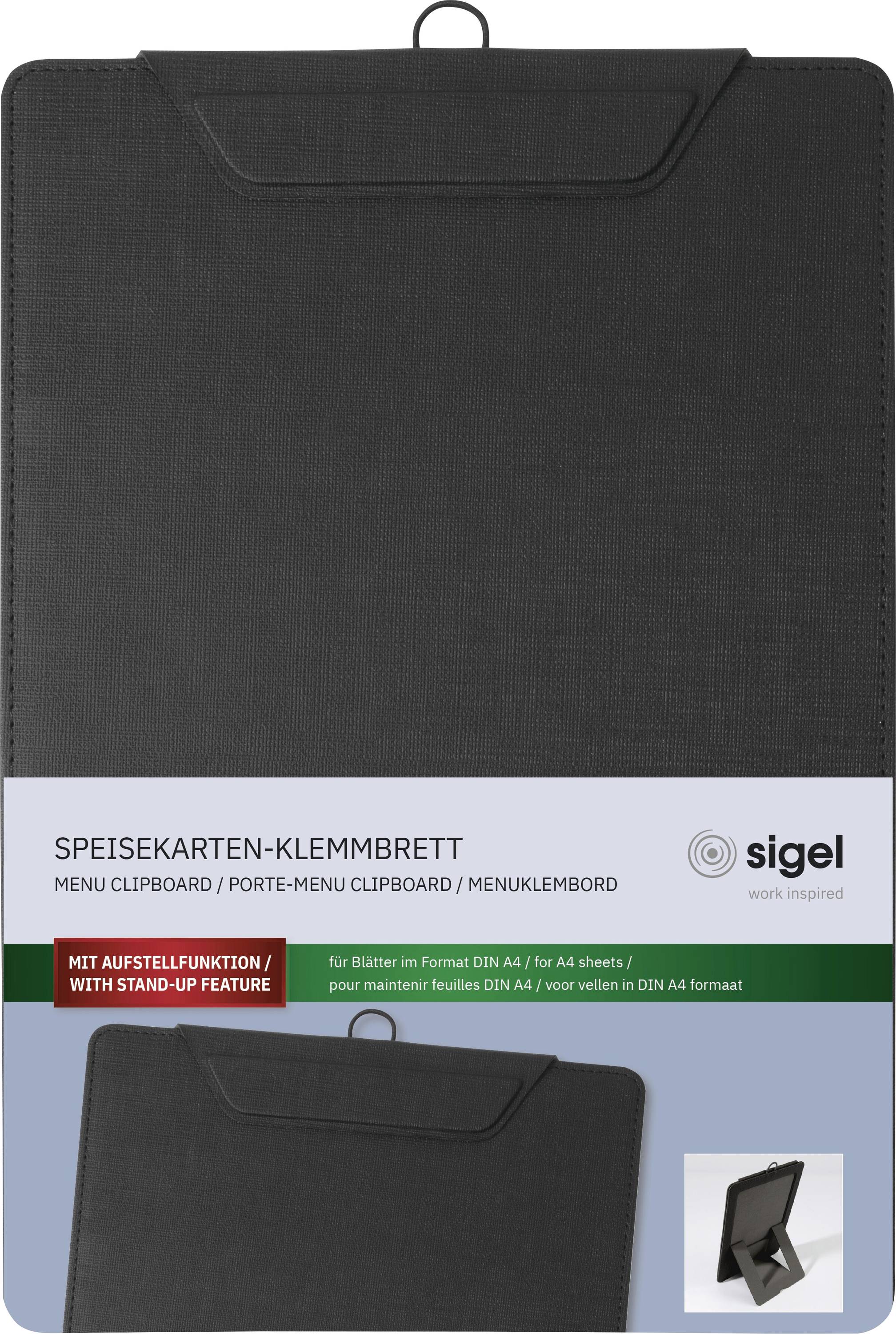 Deska na jídelní lístek "Speisekarten-Klemmbrett", schránka na jídelní lístek se stojanovou funkcí od společnosti Sigel, vhodná pro listy formátu DIN A4, zobrazená v černé barvě.