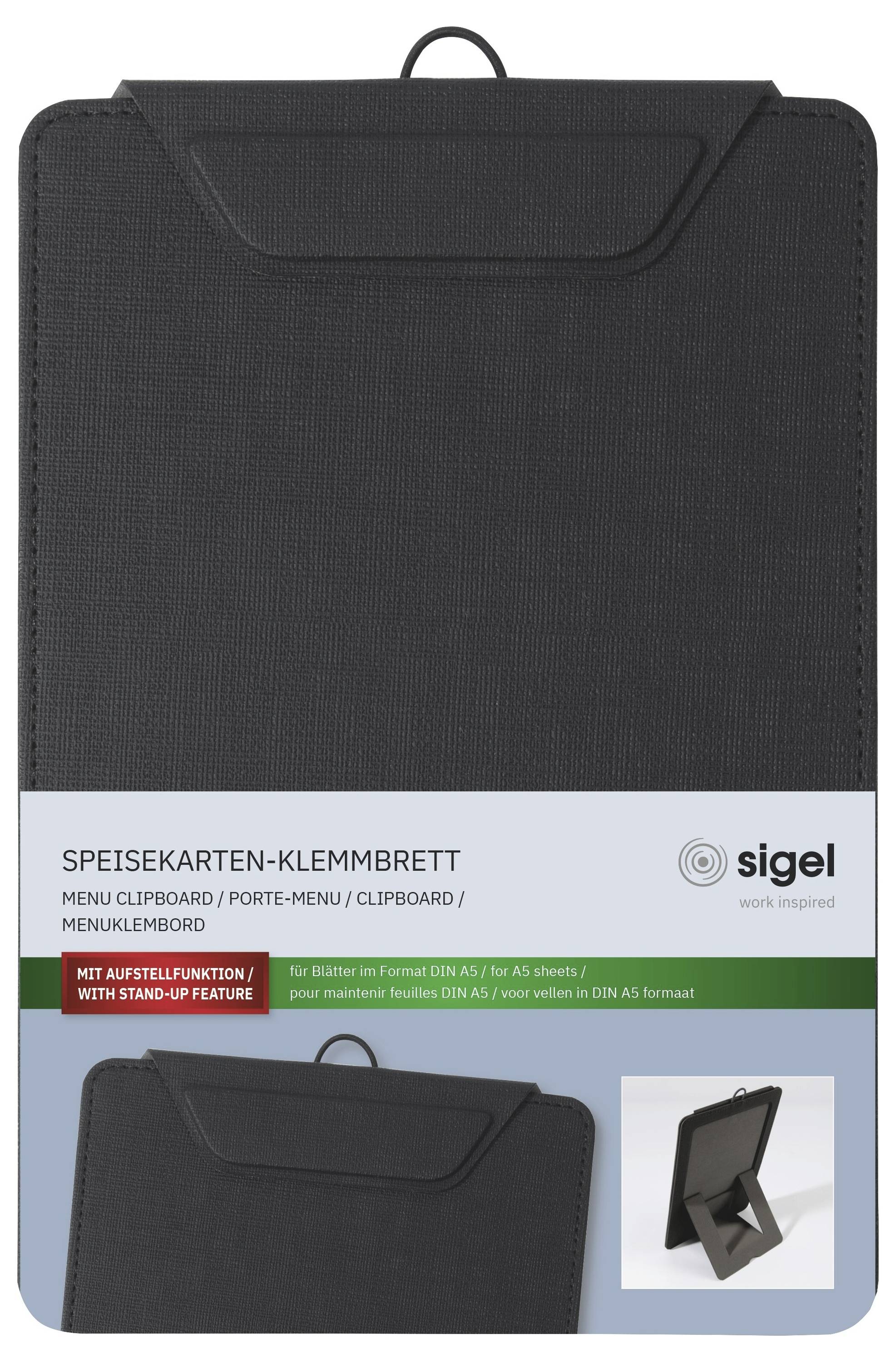 Kancelářská složka Black Sigel s přiloženým psacím blokem, balení produktu zobrazené s obranding a malým vloženým obrázkem funkce stojanu