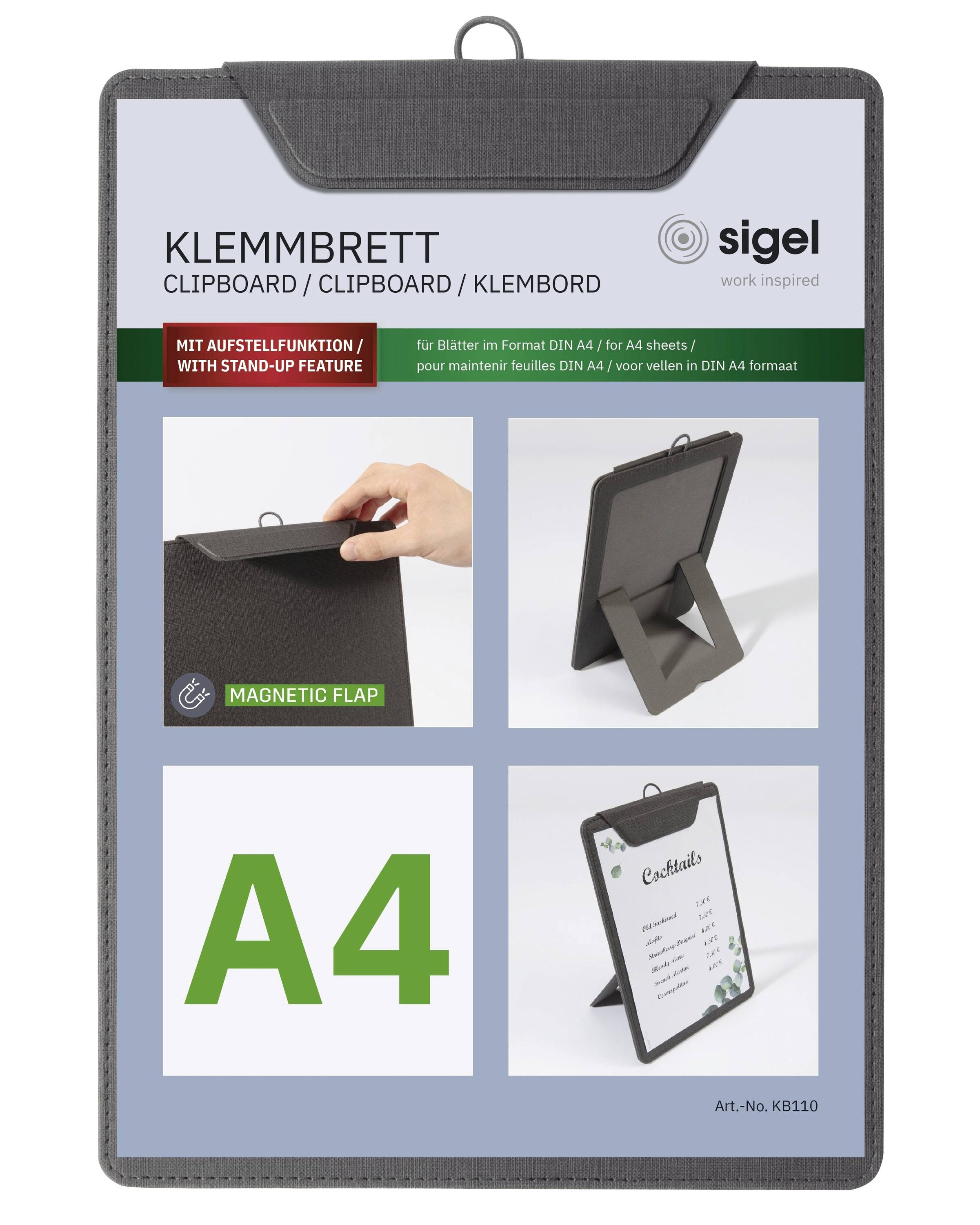 Schránka 'KlemmBrett Clipboard' zobrazená s funkcí vzpřímení a magnetickou klopou. Vhodná pro materiály formátu A4. Uvedeny značka a detaily produktu.