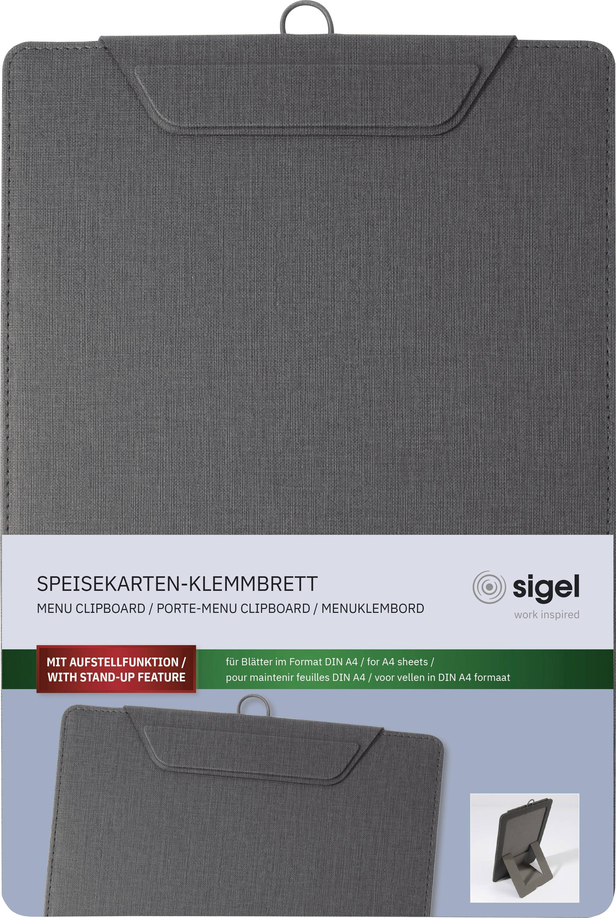 Jídelní deska se svorkou 'Speisekarten-Klemmbrett' s funkcí vzpřímení, pro listy formátu A4. Šedá barva, zobrazená ve vzpřímené poloze. Značka: sigel.