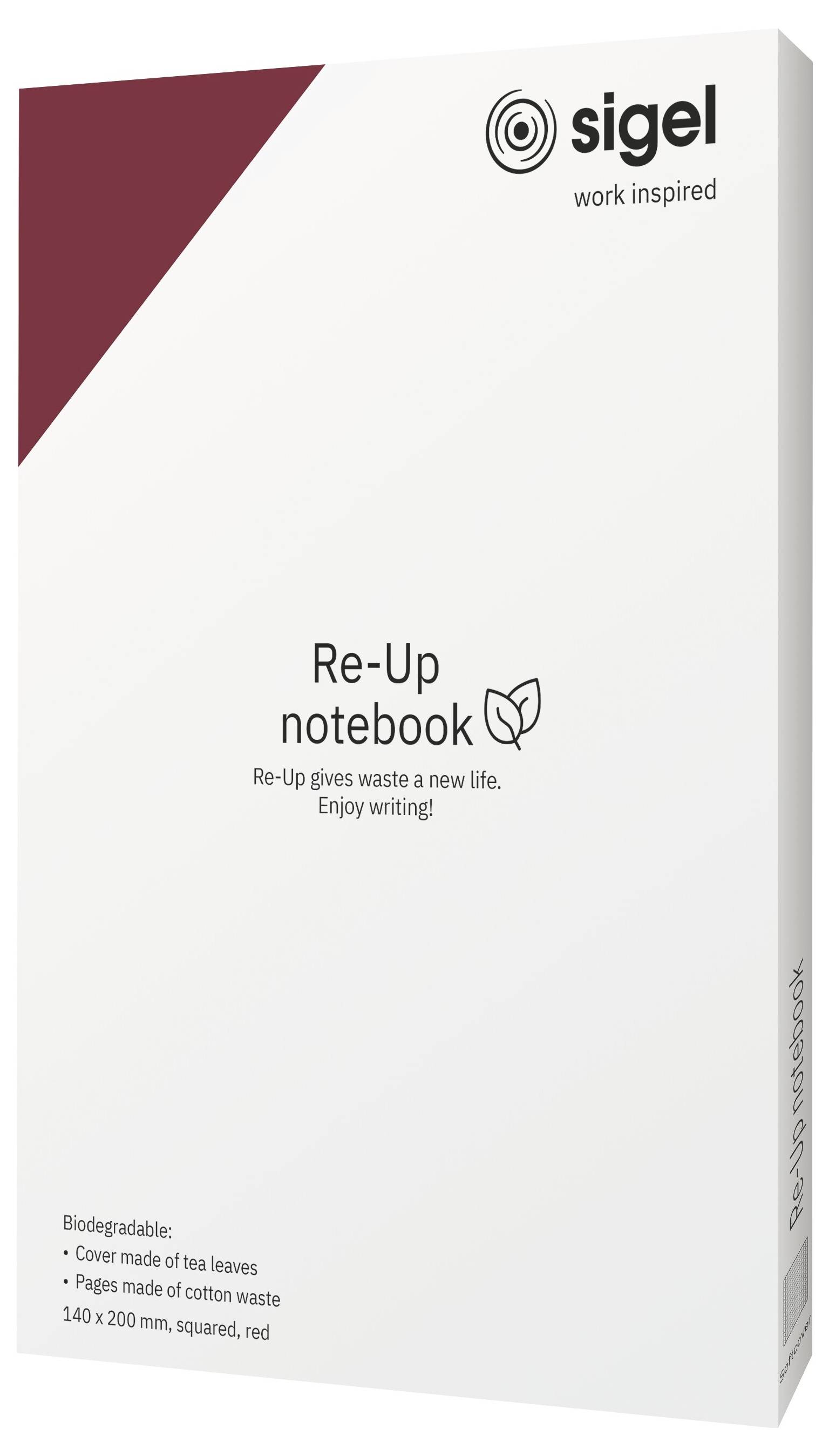 Bílá krabice Sigel 'Re-Up notebook' s červeným akcentem v rohu; označena jako biologicky rozložitelná, obálka s motivem čajového listu, papír z bavlněného odpadu, 140 x 200 mm čtvercovaný červený.