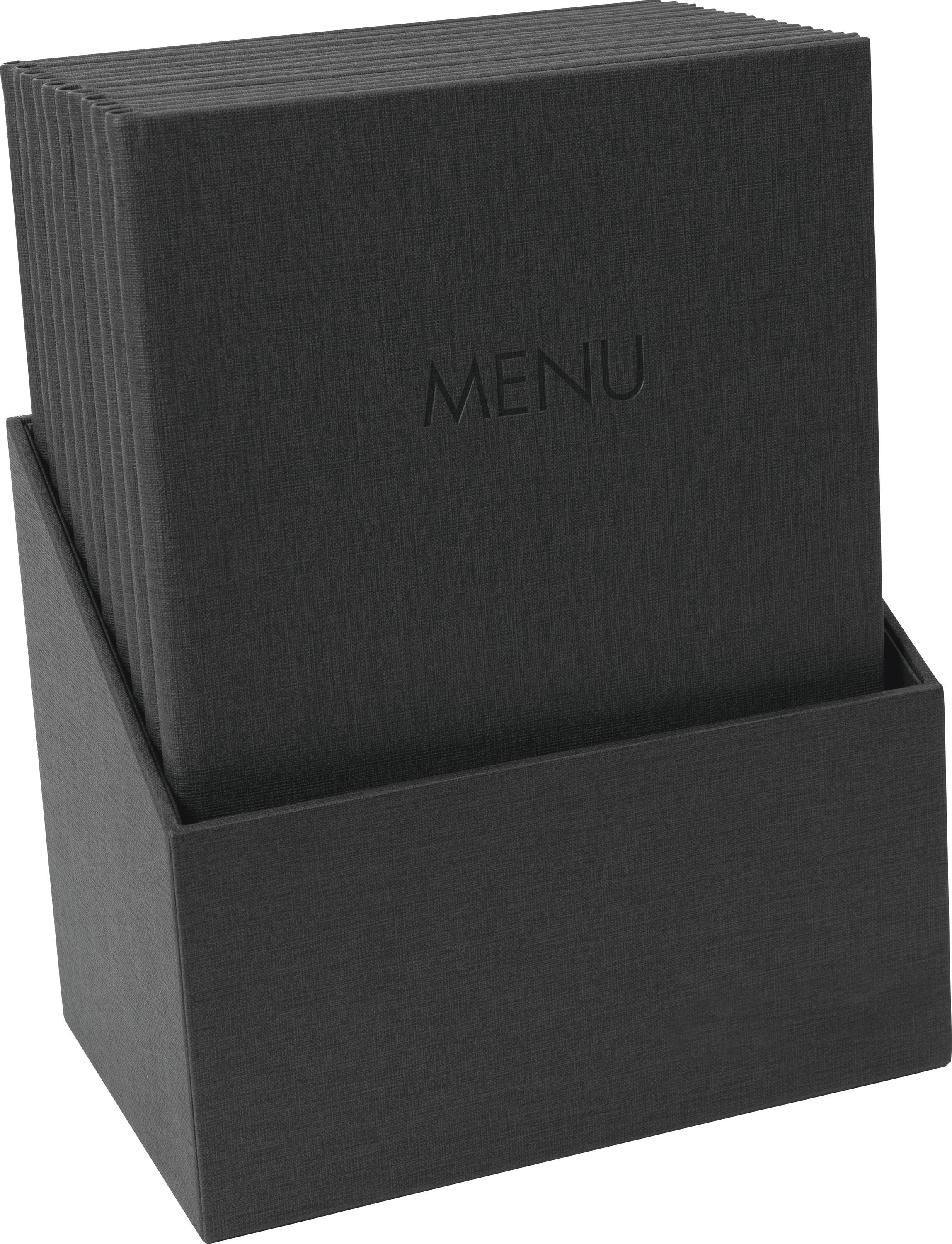Tmavý držák na menu s nápisem "MENU" vytlačeným na přední straně, který obsahuje několik jídelních lístků a je postaven vzpřímeně pro snadný přístup.