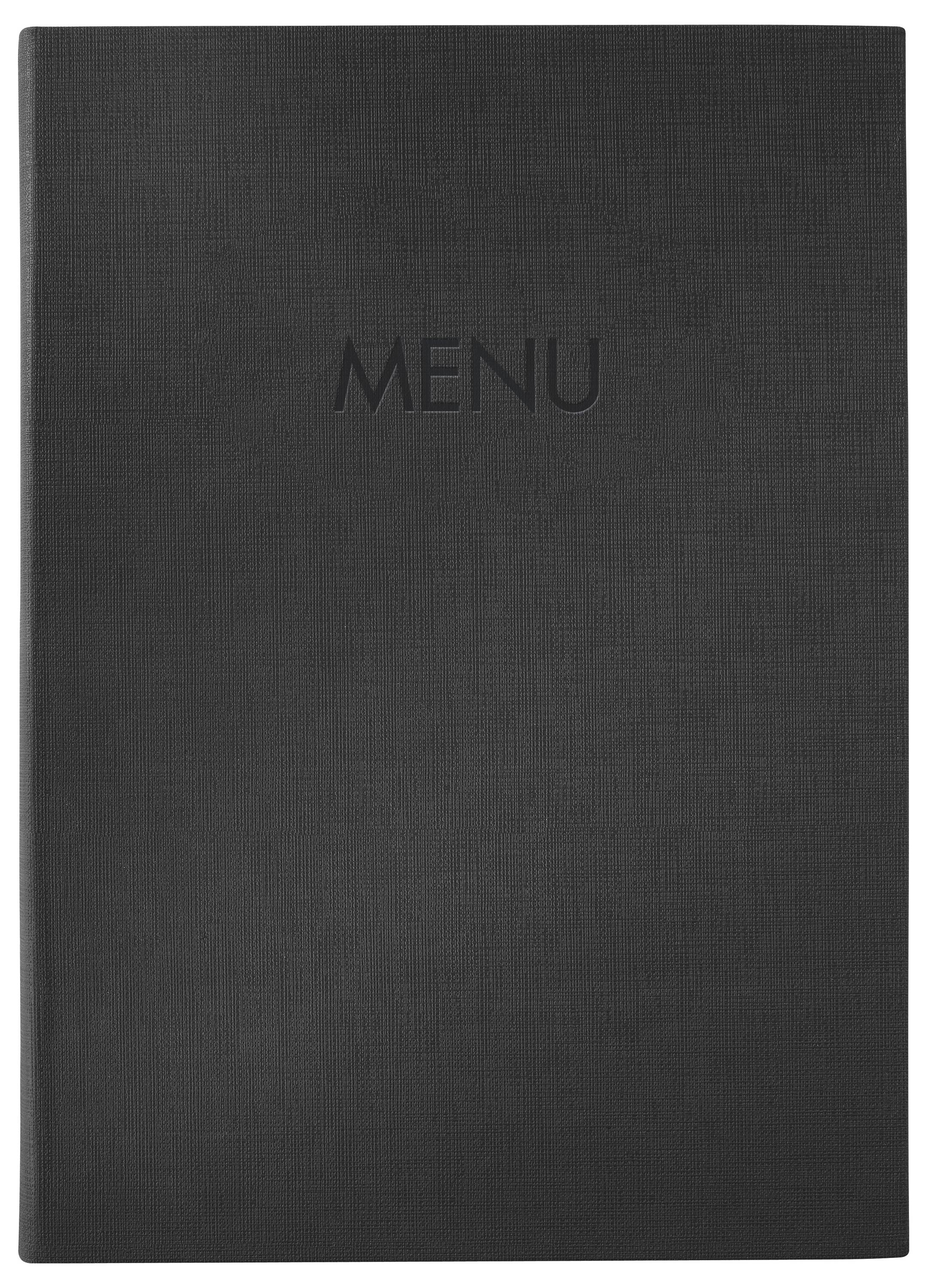 Černý strukturovaný obal menu se slovem "MENU" vytlačeným na přední straně.