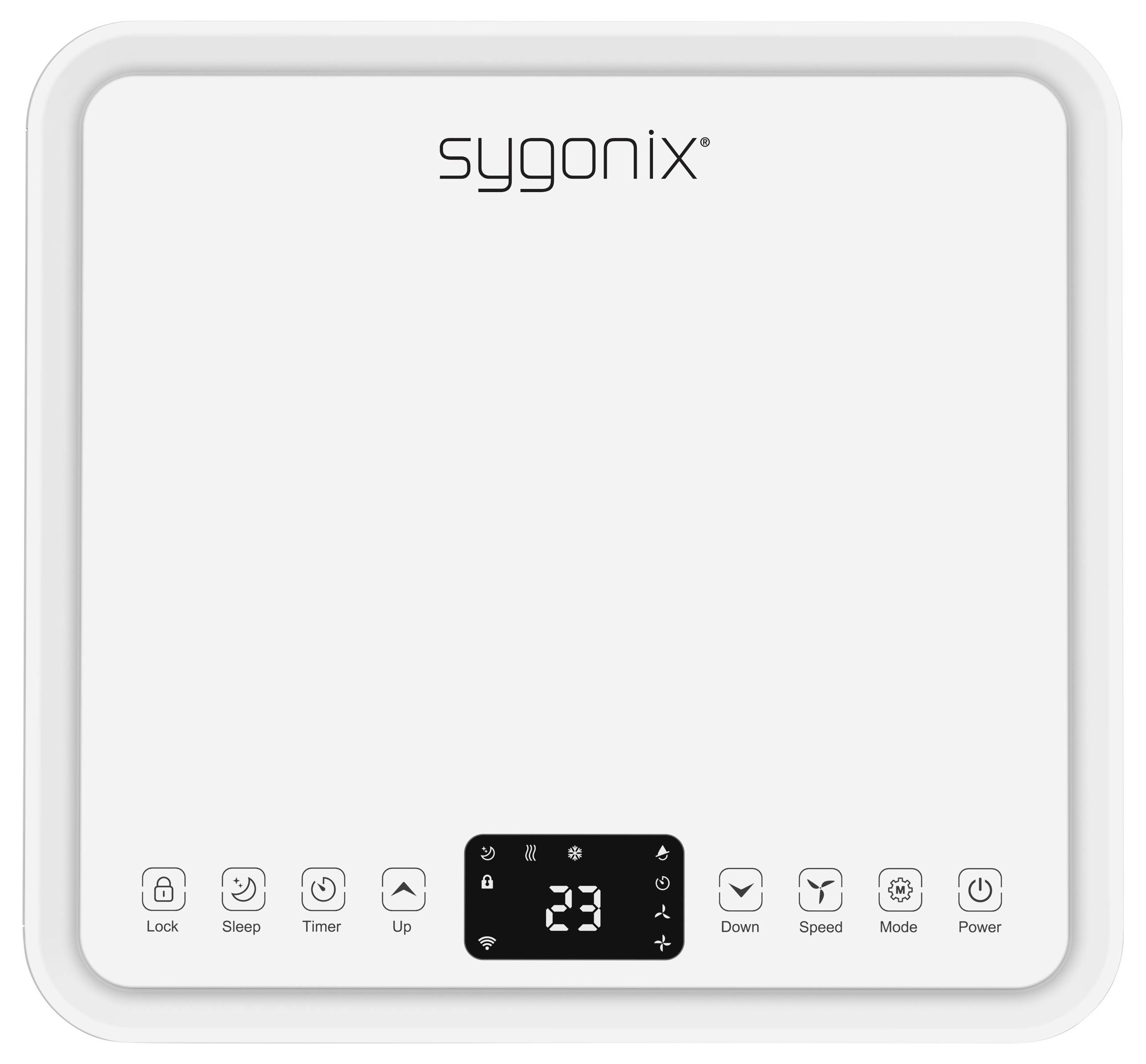 Ovládací panel 'Sygonix' s digitálním displejem zobrazujícím '23'. Obsahuje tlačítka pro Zámek, Spánek, Časovač, Nahoru, Dolů, Rychlost, Režim, Napájení.