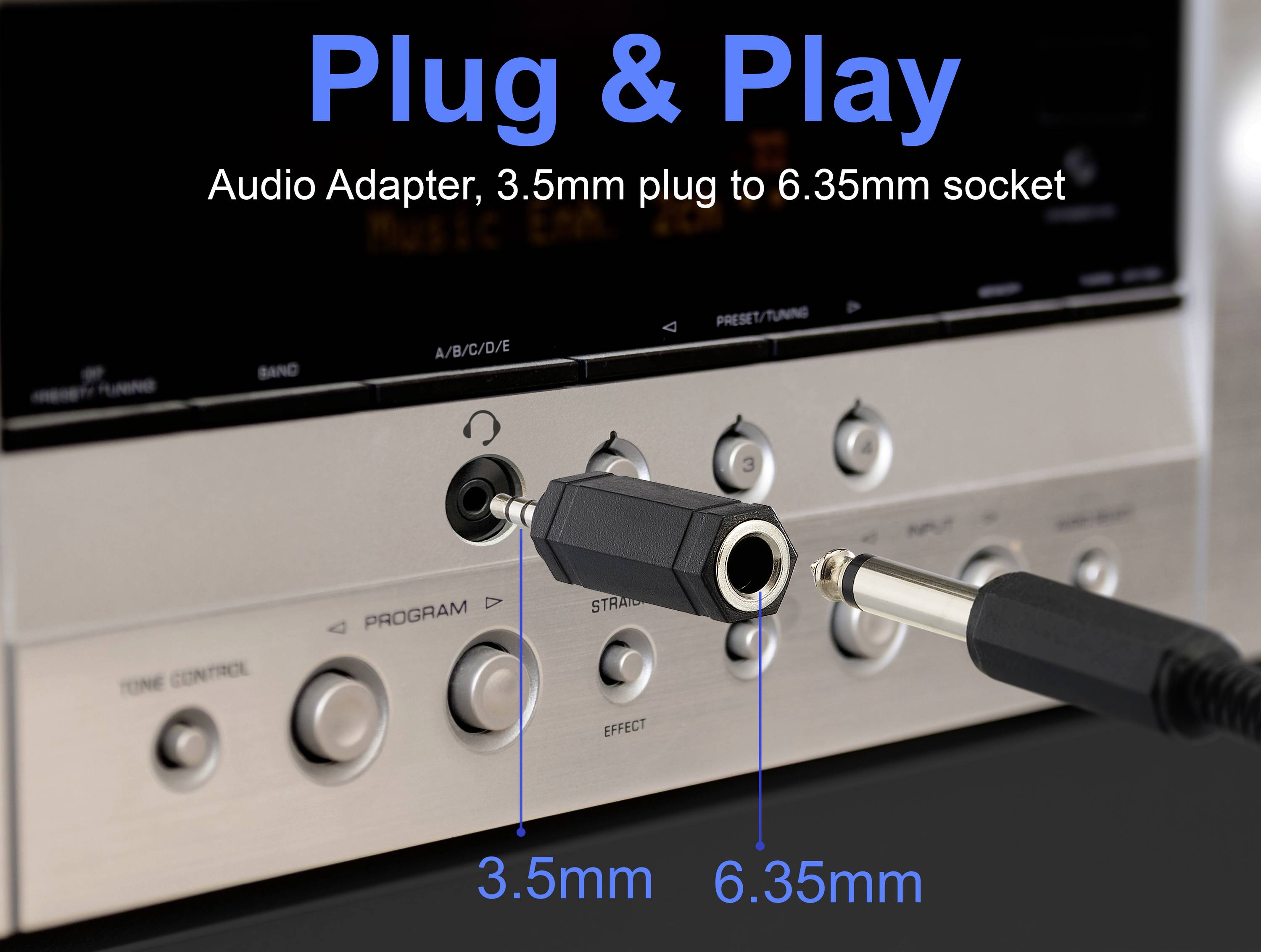 Adaptér 'Plug & Play' audio propojuje 3,5mm konektor se 6,35mm zdířkou na stereofonním systému, čímž umožňuje kompatibilitu s různými zařízeními.