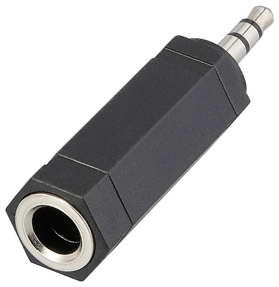 Černý audio adaptér s 3,5mm samčím stereo konektorem a samičím vstupem, používaný k propojení různých audio zařízení.