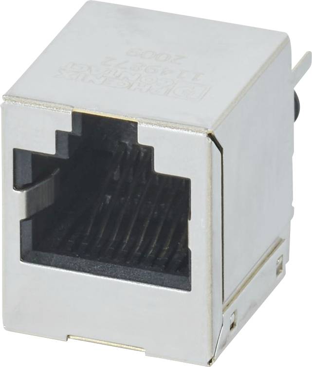 Stříbrný kovový ethernetový port s otevřenou zásuvkou a viditelnými kolíky uvnitř, používaný pro síťová kabelová připojení.