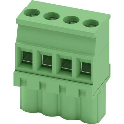 Zelený čtyřpólový svorkovnicový konektor s obdélníkovým podstavcem, určený pro elektrické zapojení.
