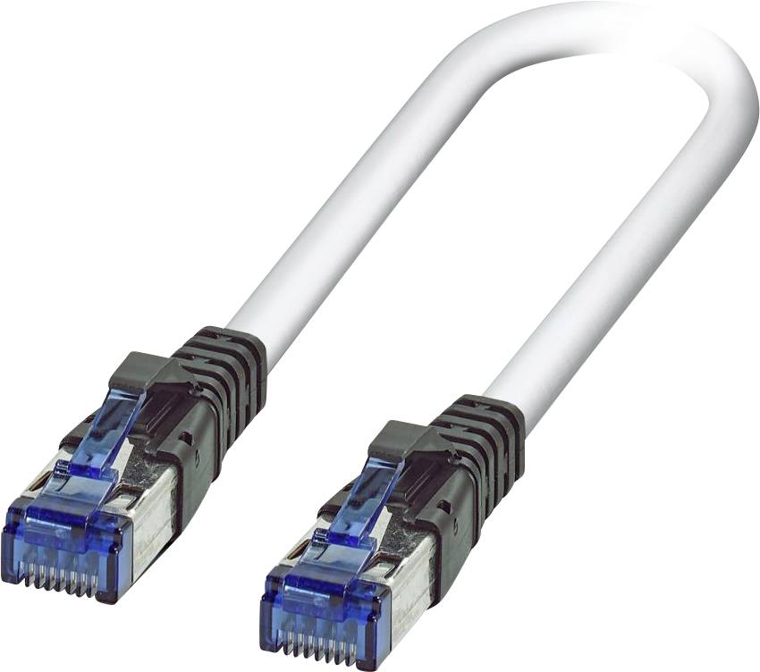 Ethernetový kabel s průhlednými a modrými konektory na každém konci, používaný pro připojení zařízení k síti.