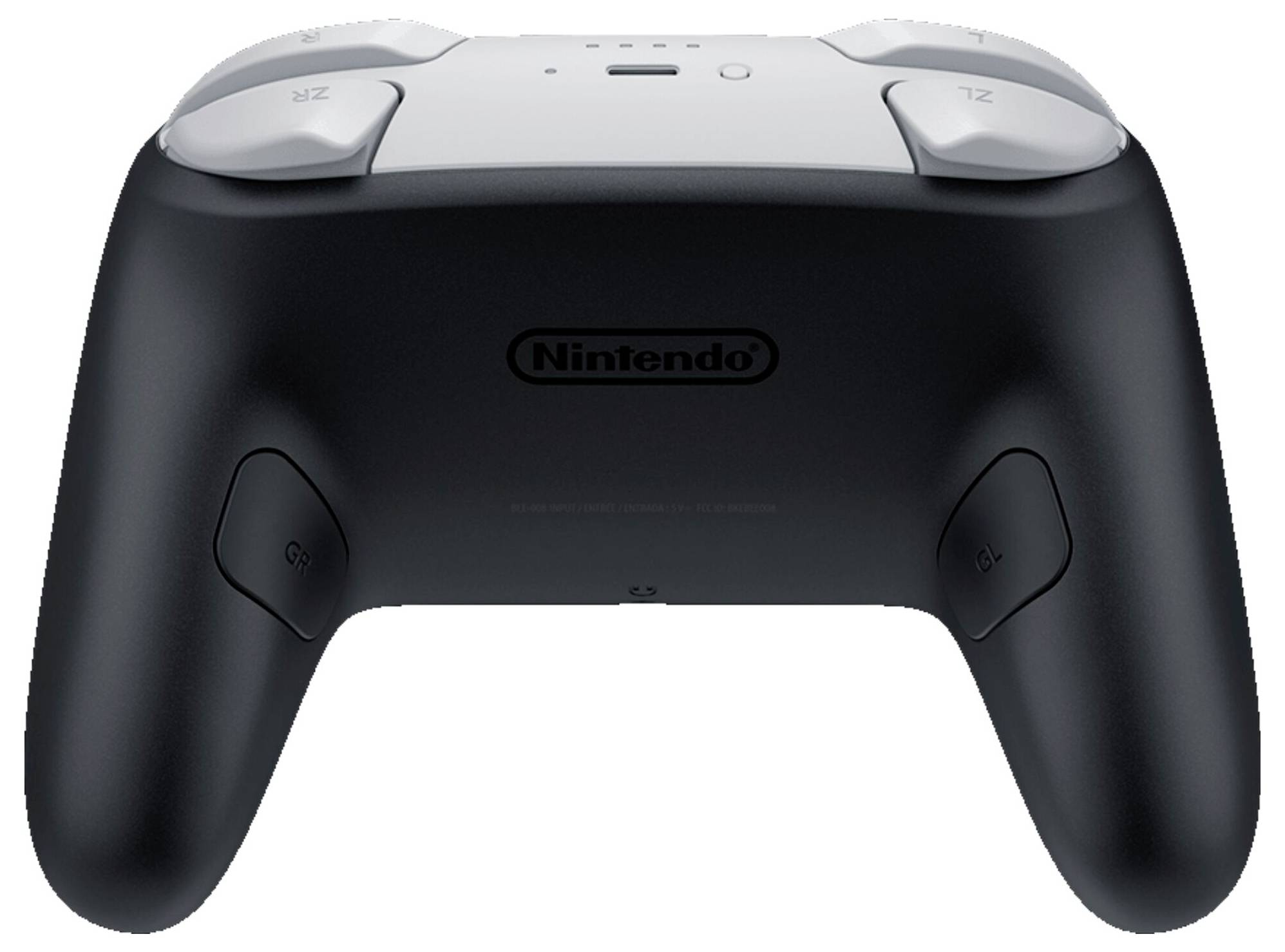 Černobílý herní ovladač s viditelnými tlačítky a spouštěči, na jehož zadní straně je zobrazen logo 'Nintendo'.
