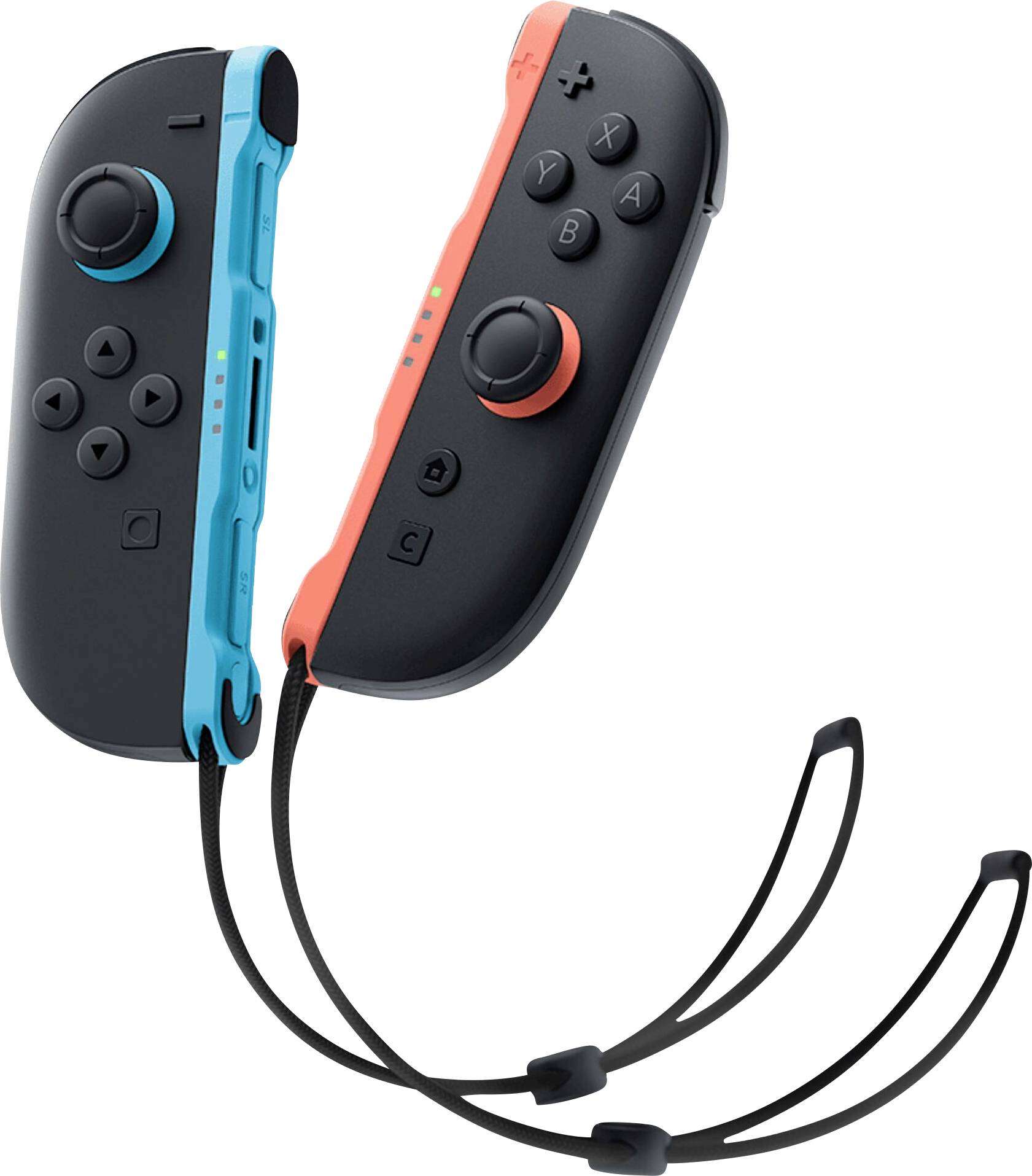 Dva ovladače Nintendo Switch Joy-Con, jeden modrý a jeden červený, s připevněnými zápěstními popruhy.