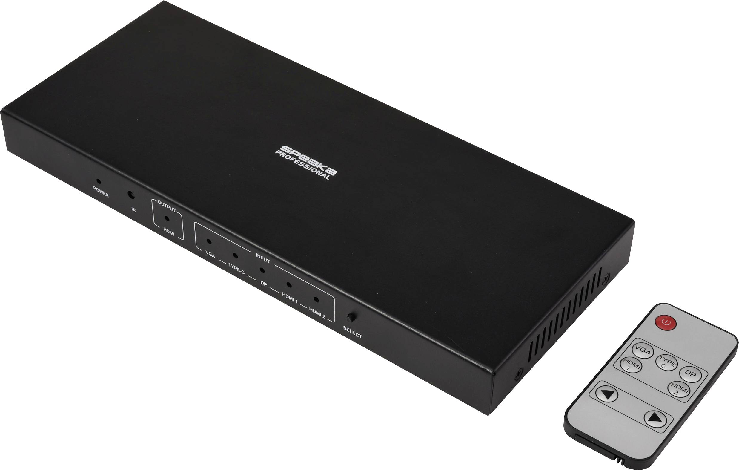 Přepínač HDMI Monoprice 4x1 zobrazující porty pro HDMI vstup a výstup, s doprovodným dálkovým ovladačem pro přepínání mezi zařízeními.