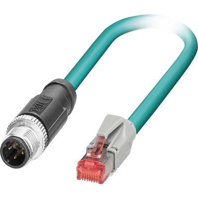 Tyrkysový hybridní propojovací kabel s kruhovým průmyslovým konektorem na jednom konci a červeným ethernetovým konektorem na straně druhé.