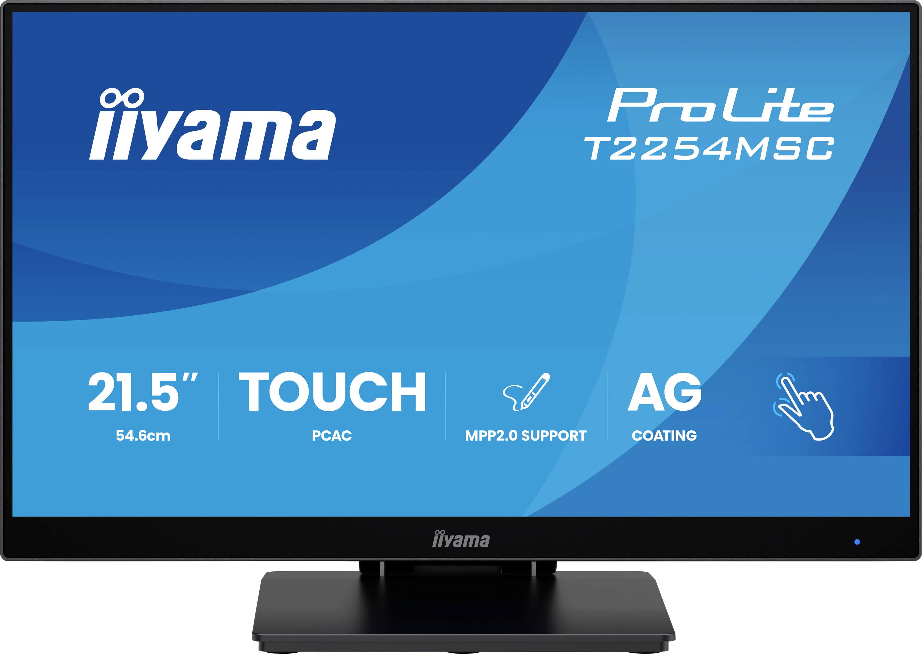 Monitor Iiyama ProLite T2254MSC, 21,5" displej s technologií PCAC, podporou MPP2.0 a AG povrchem. Modře přechodový pozadí.