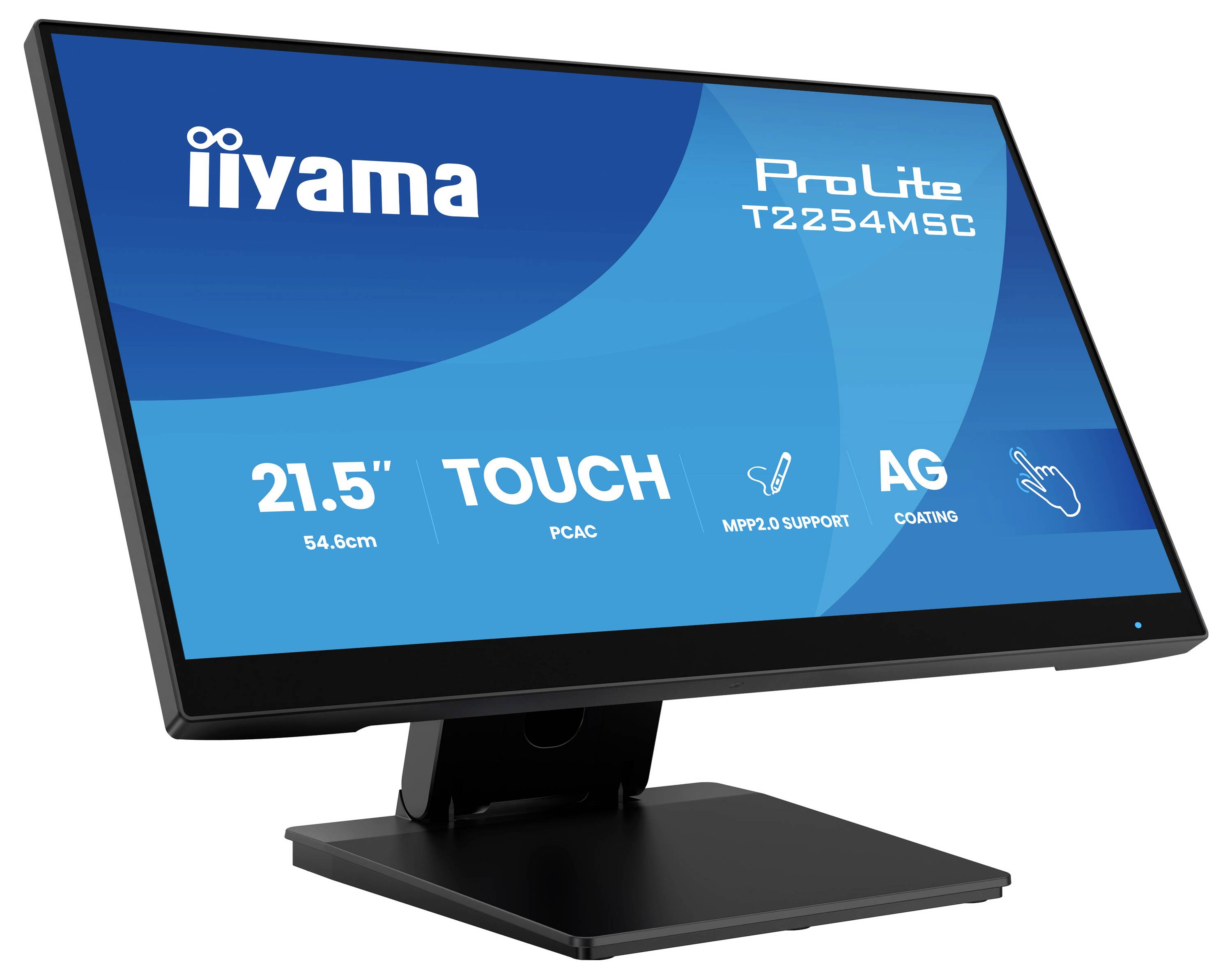 Černý počítačový monitor zobrazující 'iiyama ProLite T2254MSC' s vlastnostmi: 21,5" obrazovka, dotykový PCAP, podpora MPP 2.0, antireflexní vrstva.