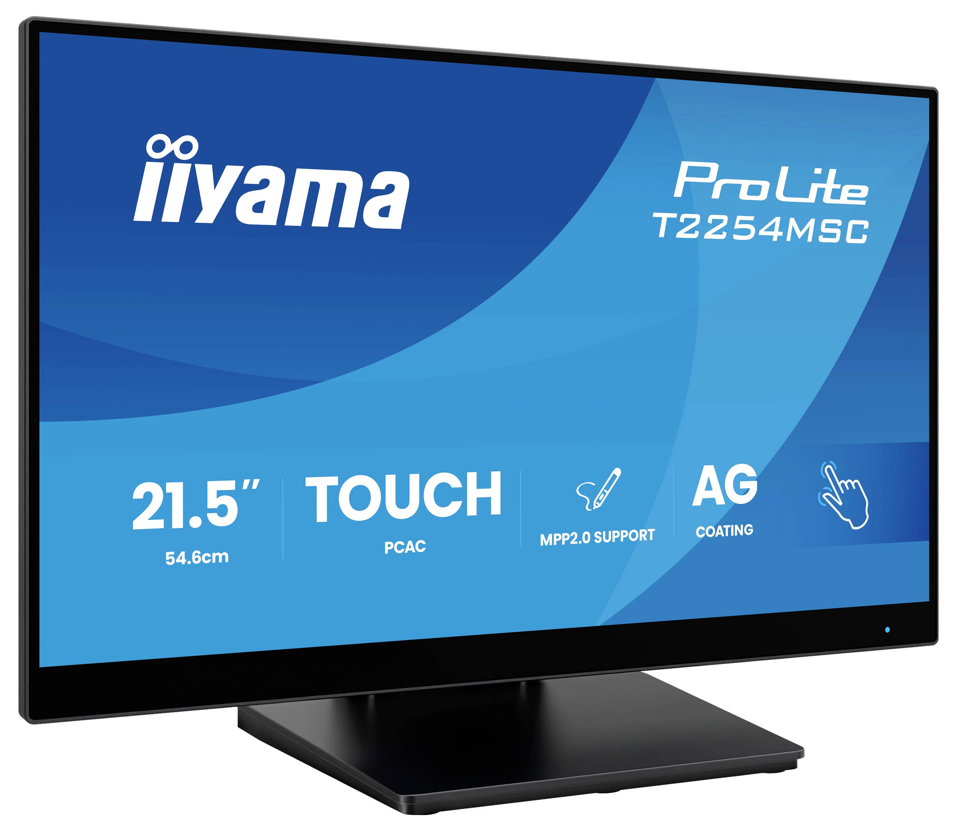 Monitor označený 'iiyama ProLite T2254MSC' s následujícími parametry: úhlopříčka 21,5 palce, dotykové schopnosti, podpora MPP 2.0, antireflexní povrchová úprava.