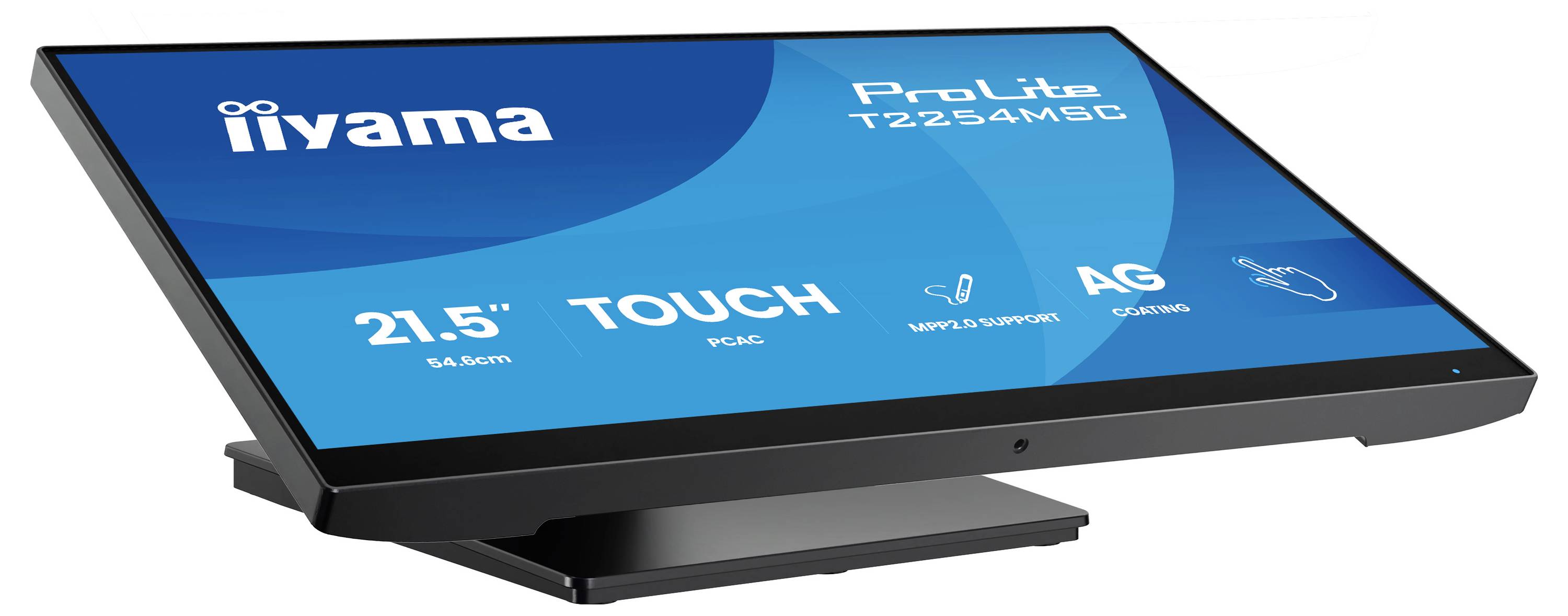 Dotykový monitor s názvem 'iiyama ProLite T2254MSC' s vlastnostmi zahrnujícími velikost 21,5 palce a antireflexní povrch.