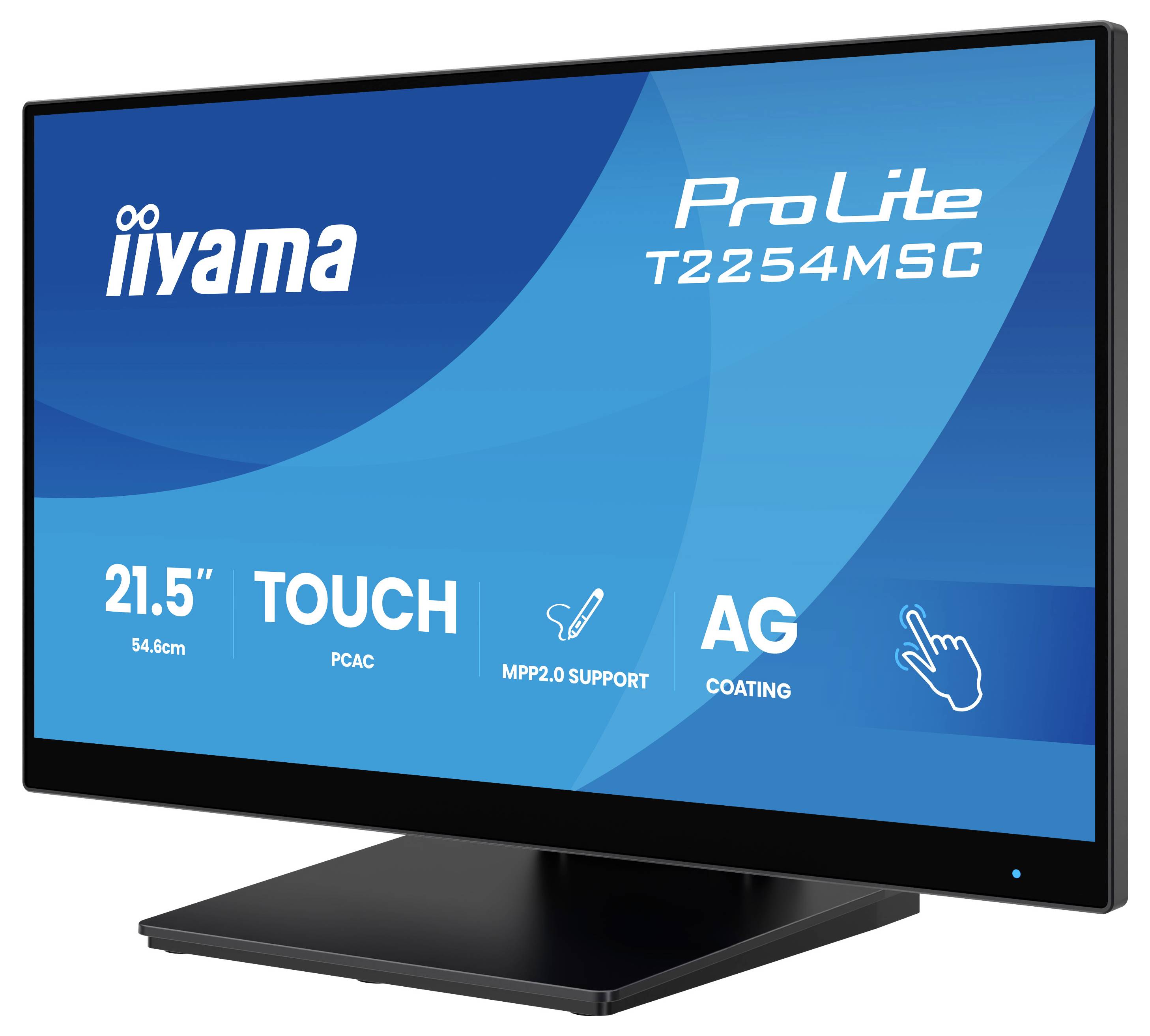 21,5palcový dotykový monitor iiyama ProLite T2254MSC s antireflexní vrstvou a podporou MPP 2.0 je umístěn na černém stojanu.