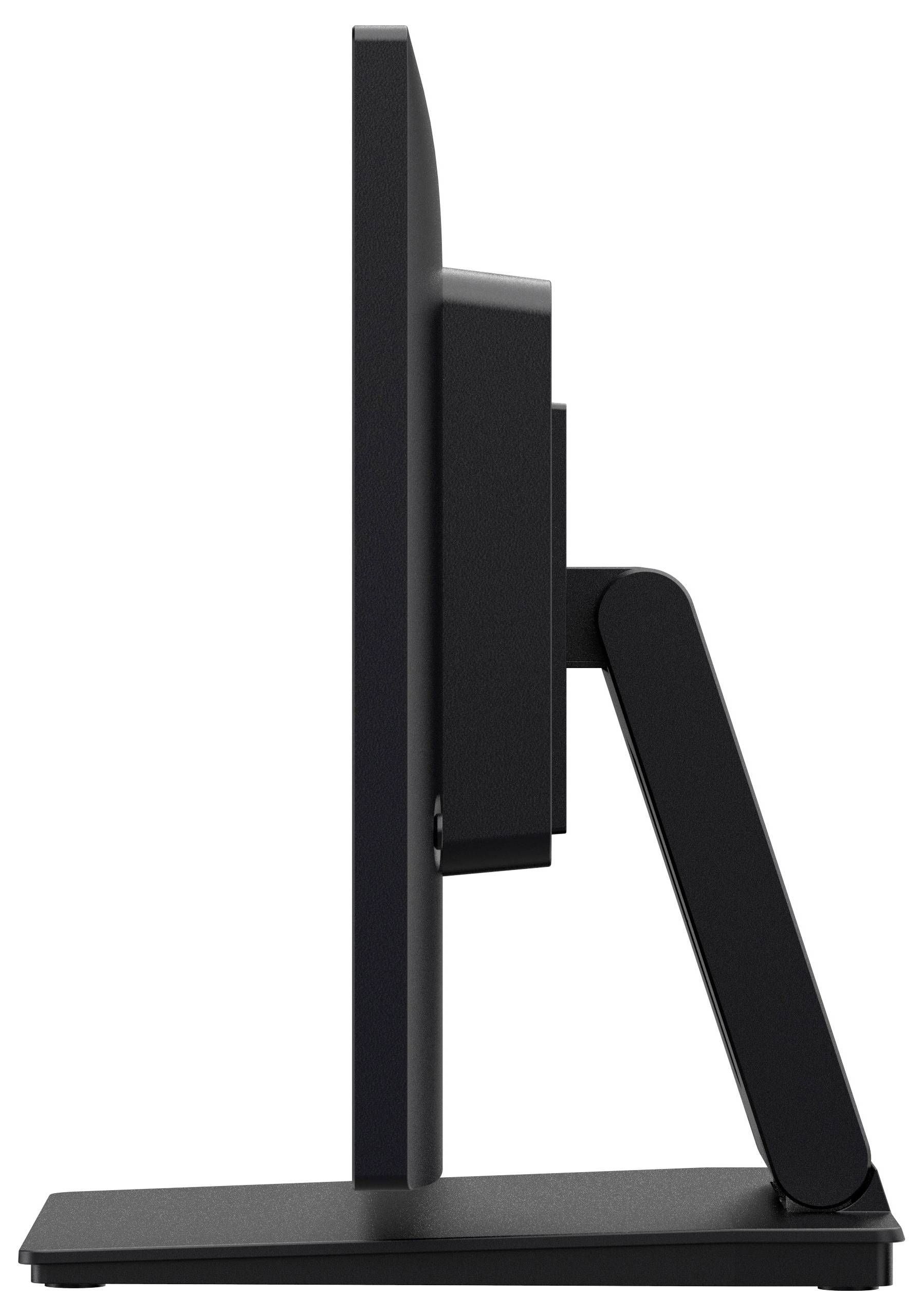 Boční pohled na černý počítačový monitor s tenkým designem a nastavitelným stojanem, který ukazuje jeho elegantní a moderní profil.