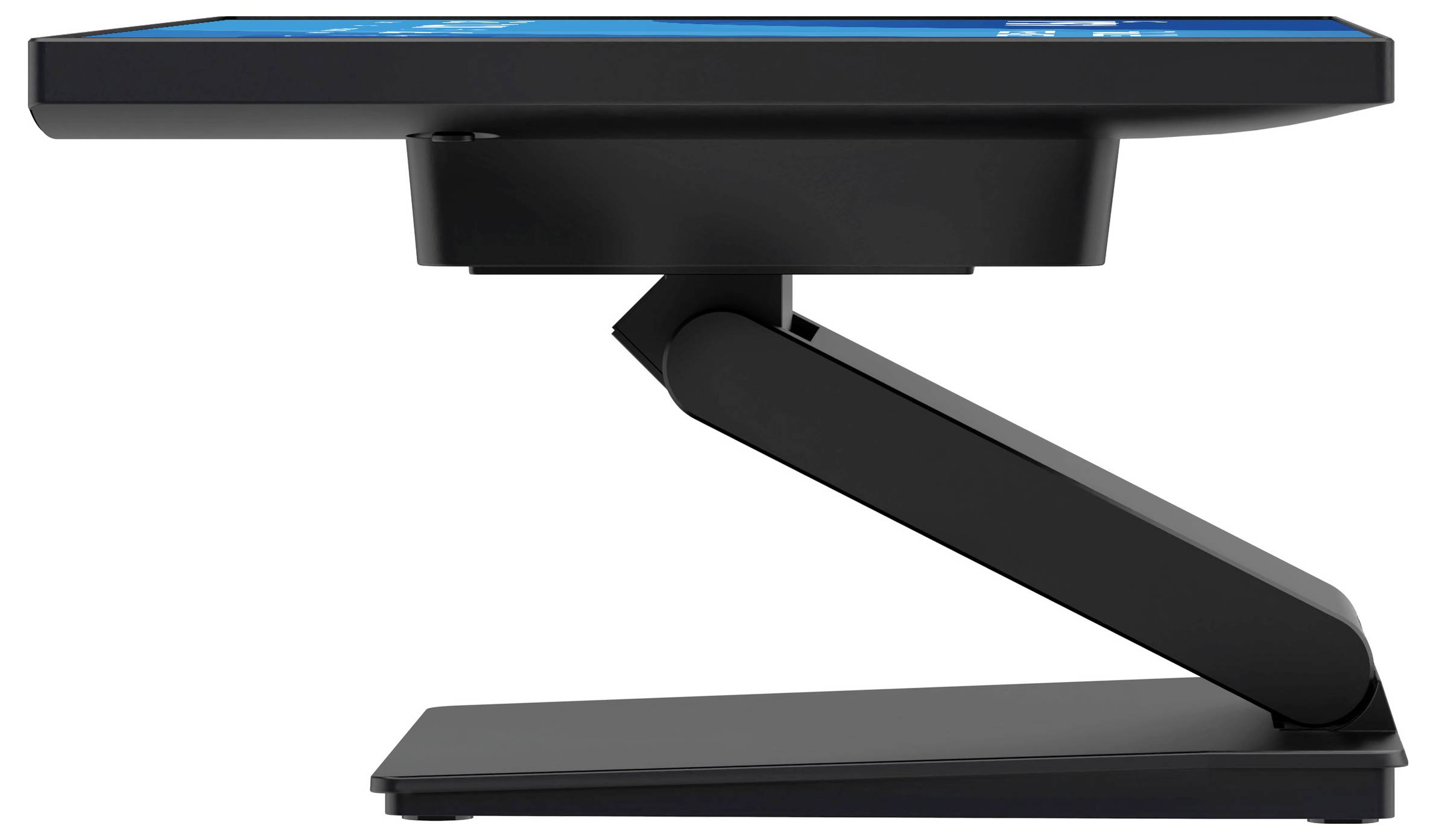 Moderní černý počítačový monitor s nastavitelným stojanem zobrazený z bočního profilu, který zdůrazňuje jeho elegantní design a flexibilitu.