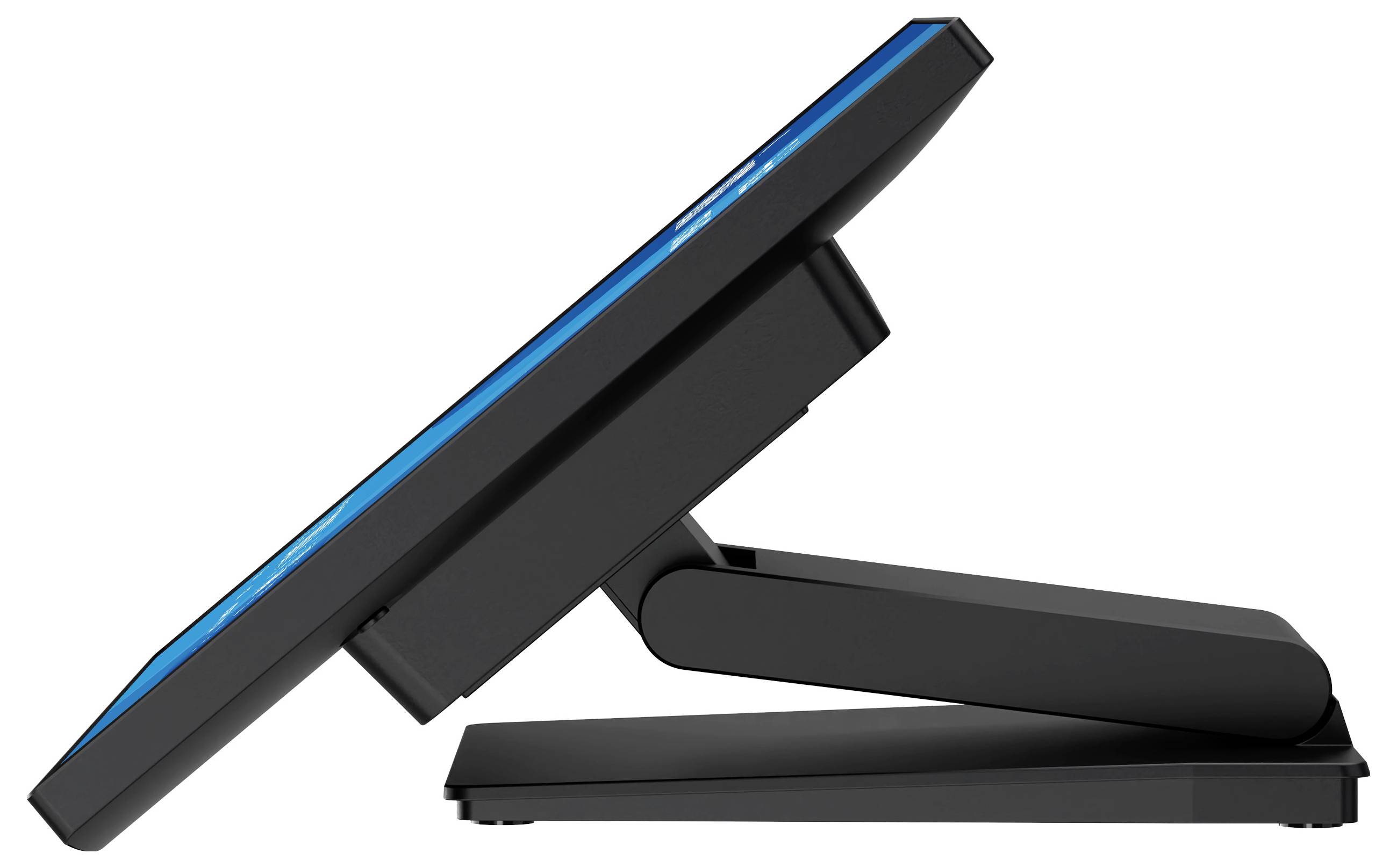Černý nastavitelný stojan podporující monitor s modrým lemem, nakloněný do strany a ukazující svou flexibilitu a ergonomické designové prvky.