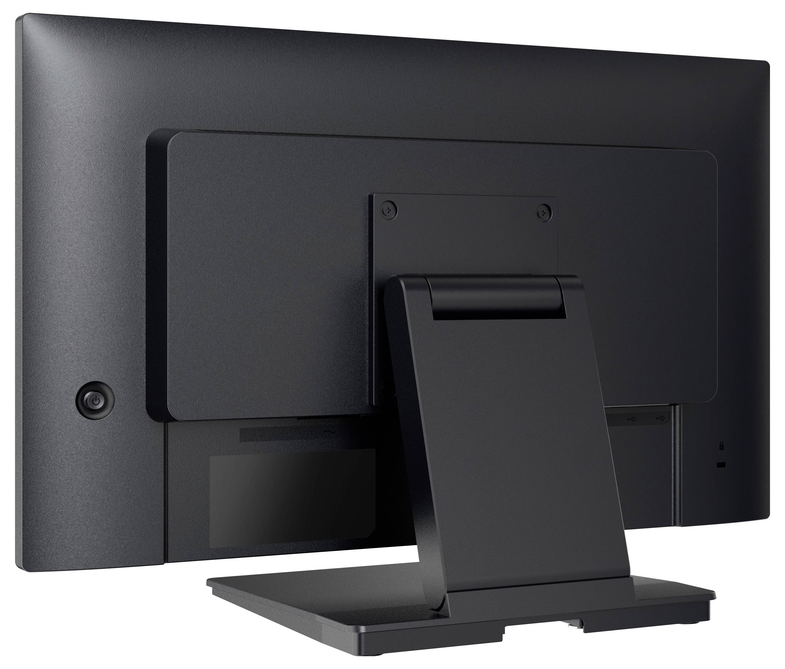 Pohled zezadu na plochý počítačový monitor s obdélníkovým stojanem, který ukazuje elegantní černý design a jednoduchou montážní desku.