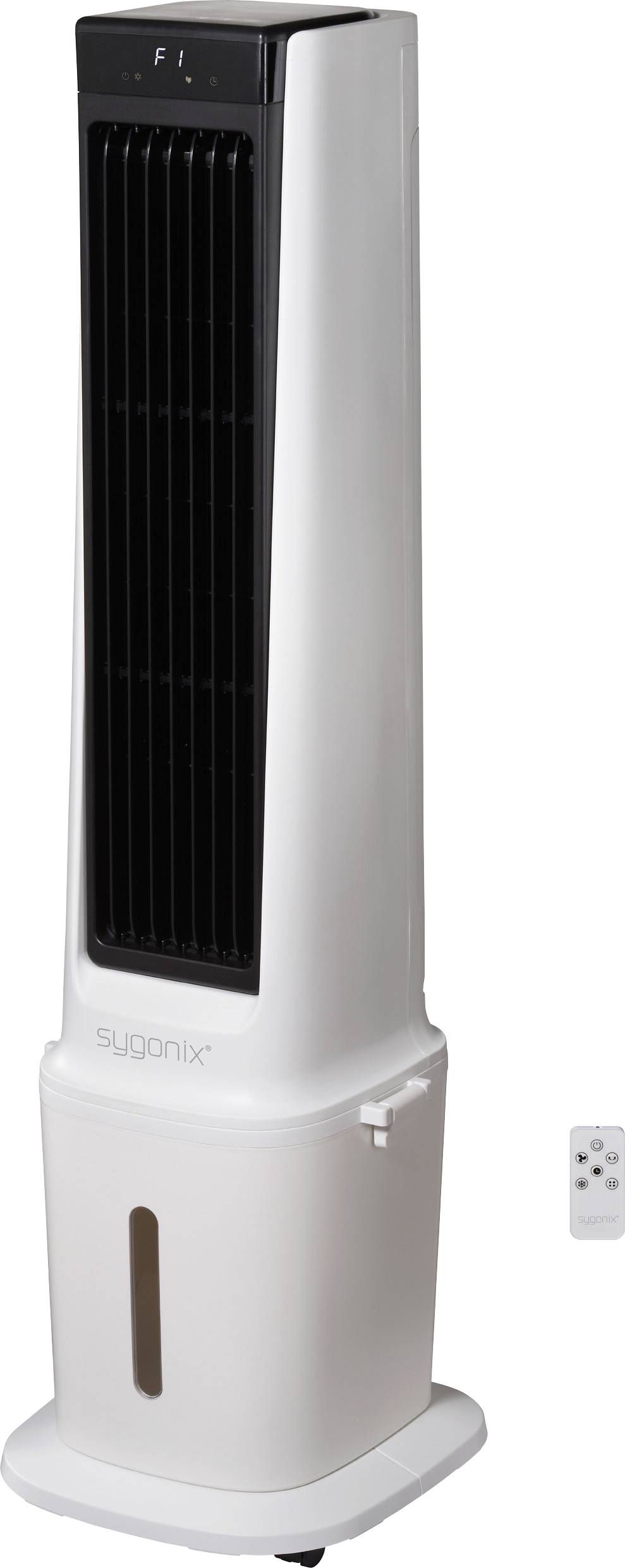 Věžový ventilátor s digitálním displejem a dálkovým ovládáním; vysoký, obdélníkový design v bílé barvě s černým předním panelem a názvem značky poblíž spodní části.