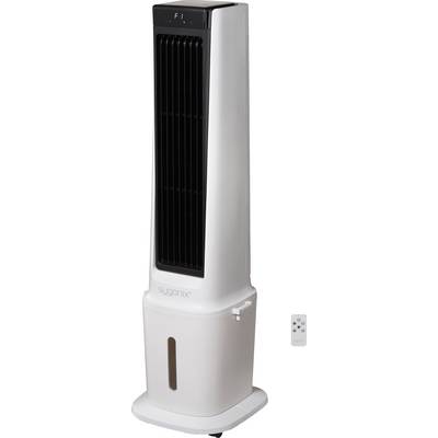 Věžový ventilátor s digitálním displejem a dálkovým ovládáním; vysoký, obdélníkový design v bílé barvě s černým předním panelem a názvem značky poblíž spodní části.