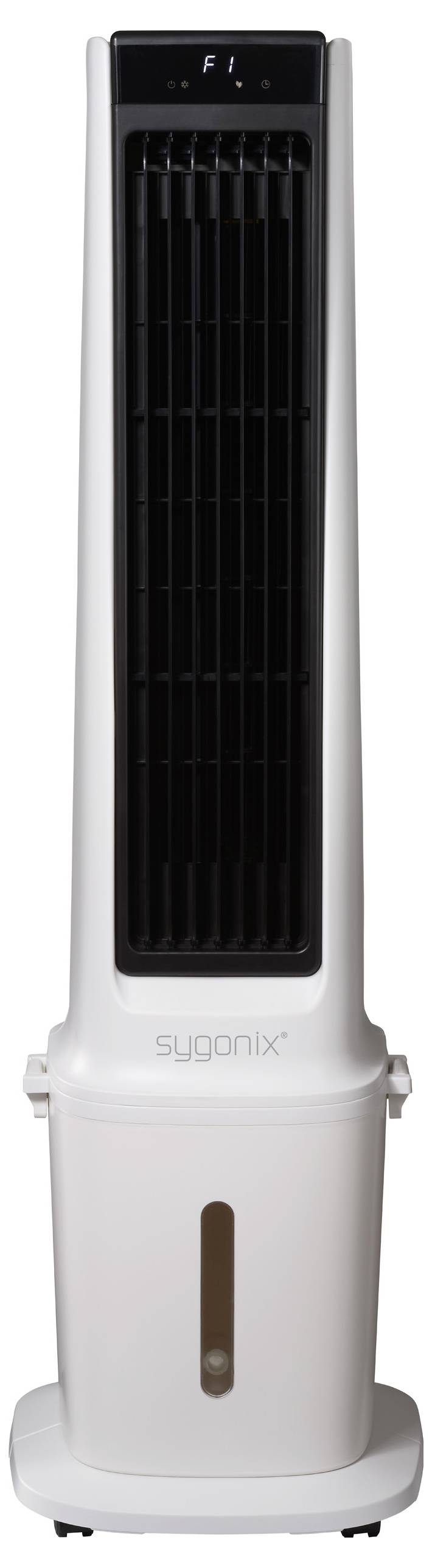 Vysoký bílý přenosný ochlazovač vzduchu s černým předním panelem, vertikálními ventilačními otvory a ukazatelem hladiny vody.