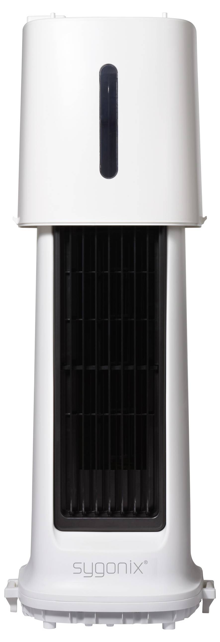 Bílý sloupový ventilátor se svislými černými mřížkami a logem 'sygonix' v dolní části. Ventilátor má moderní a elegantní design.