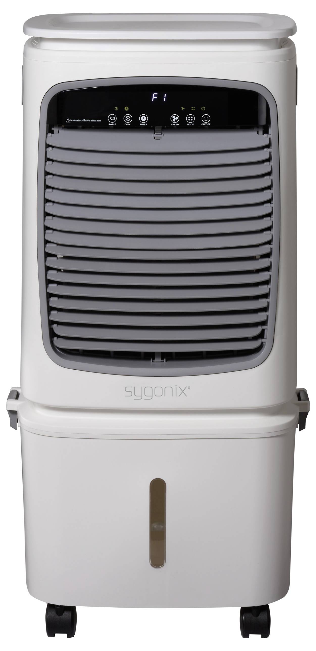 Přenosný vzduchový chladič s digitálním displejem, ovládacími tlačítky a nastavitelnými ventilačními otvory. Umístěný na kolečkách pro snadnou pohyblivost.