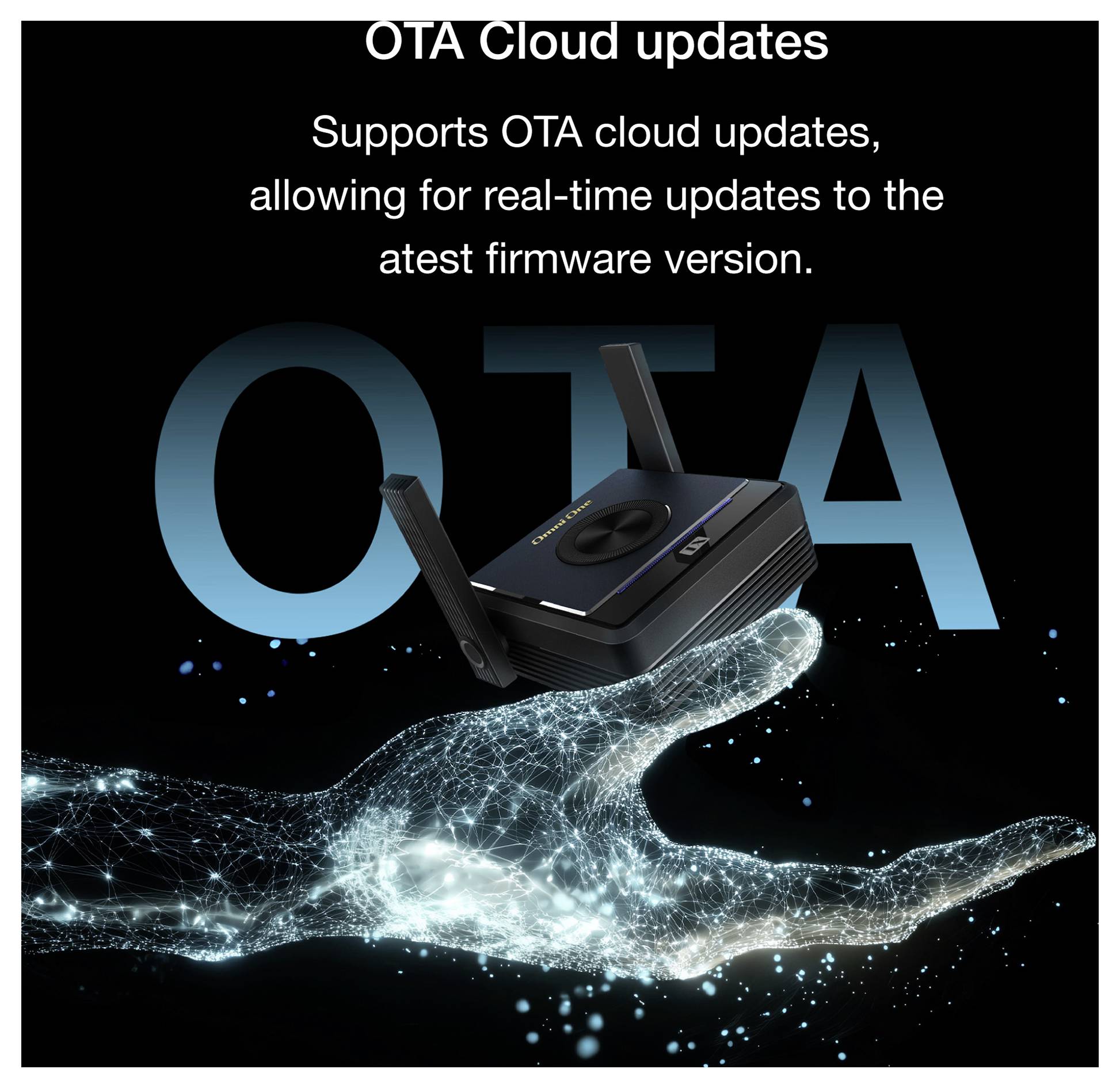 Futuristická digitální ruka držící směrovač s anténami. Text: OTA Cloud aktualizace. Podporuje OTA cloud aktualizace firmwaru.