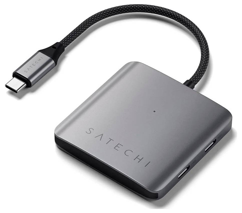 Je zobrazen šedý USB-C adaptér Satechi s několika porty.