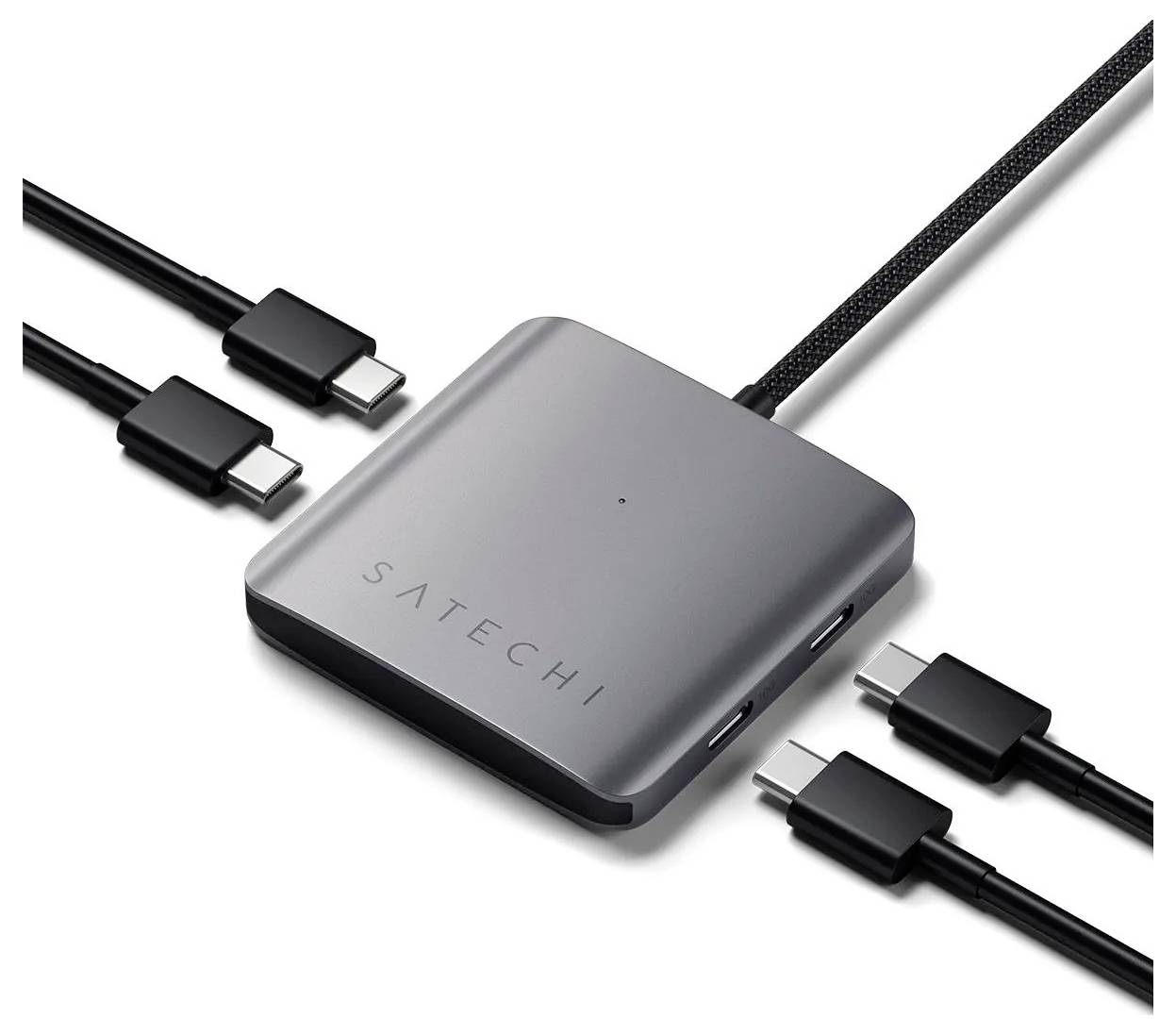 Rozbočovač Satechi s USB-C, který má několik portů, je připojen k USB-C kabelům a je navržen pro rozšíření možností připojení elektronických zařízení.
