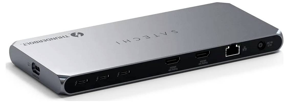 Elegantní stříbrná dokovací stanice Thunderbolt s více porty pro připojení, včetně USB, HDMI, Ethernetu a vstupu napájení.