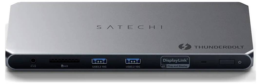 Obdélníková dokovací stanice Satechi Thunderbolt s technologií DisplayLink, vybavená několika USB porty a různými možnostmi připojení.