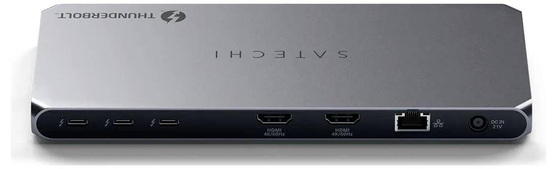 Elegantní dokovací stanice Satechi Thunderbolt s několika porty, včetně USB-C, HDMI, Ethernetu a vstupu napájení, pro snadné připojení.